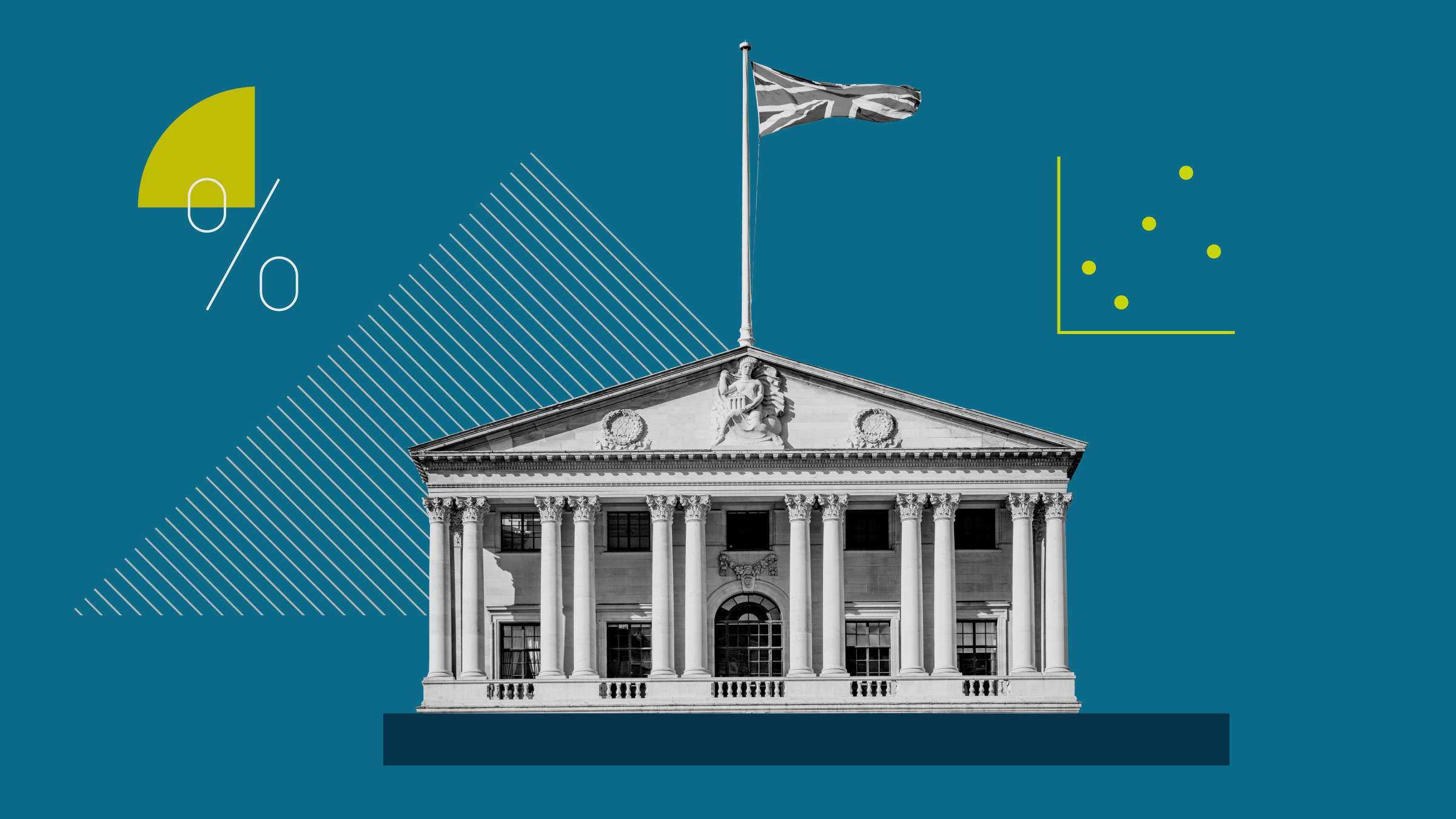 Collage illustration of the Bank of England with background shapes and icons