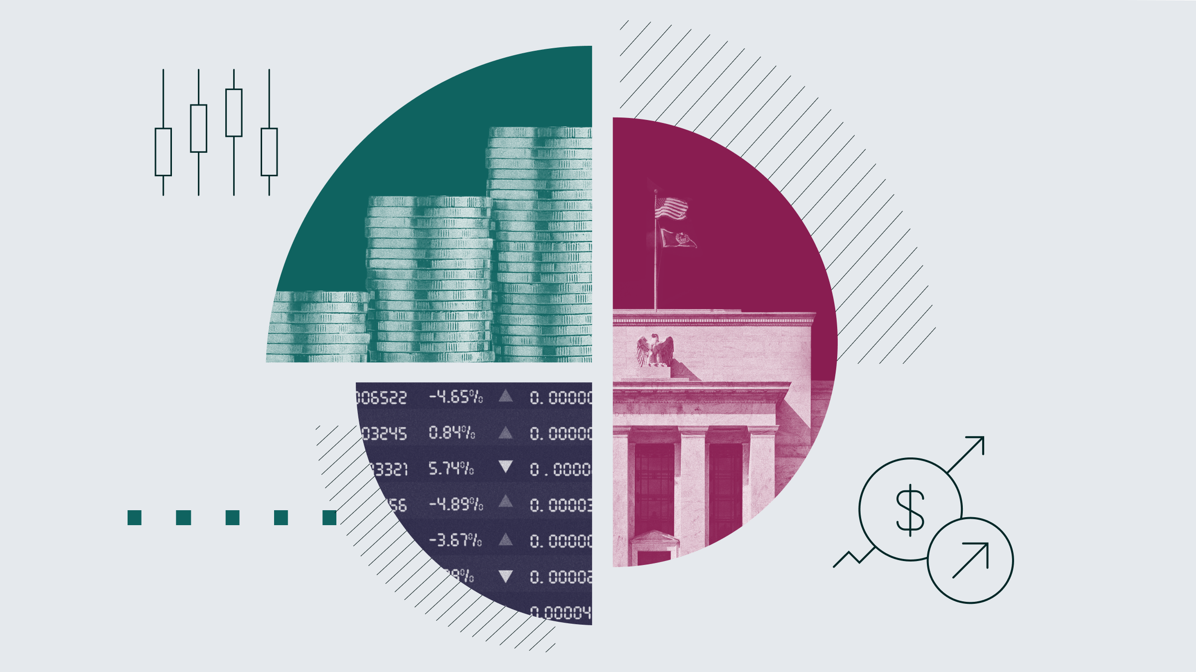 Collage illustration of a pie chart featuring images of the Federal Reserve, a stack of coins, and a ticker board.