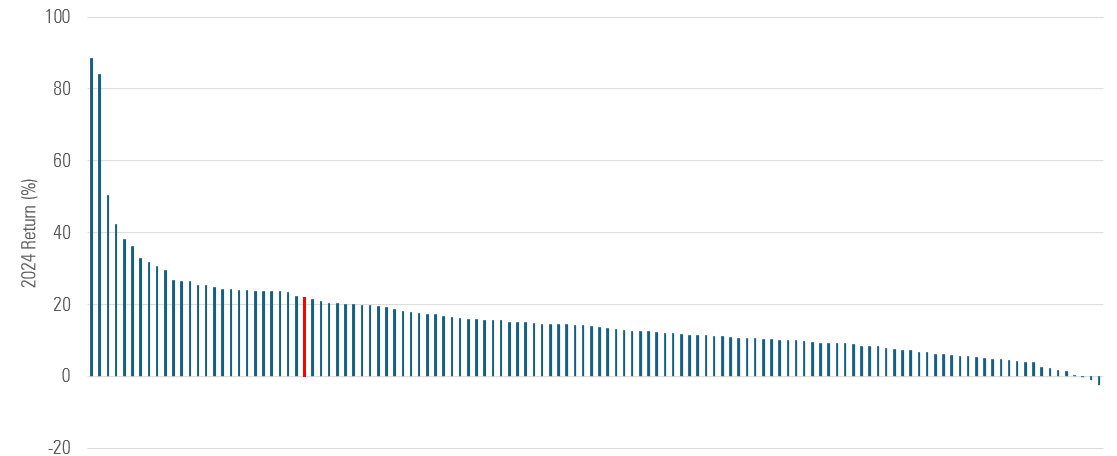 A bar chart of how actively managed mid-growth managers performed in 2024 versus the Russell Midcap Growth Index (in red).