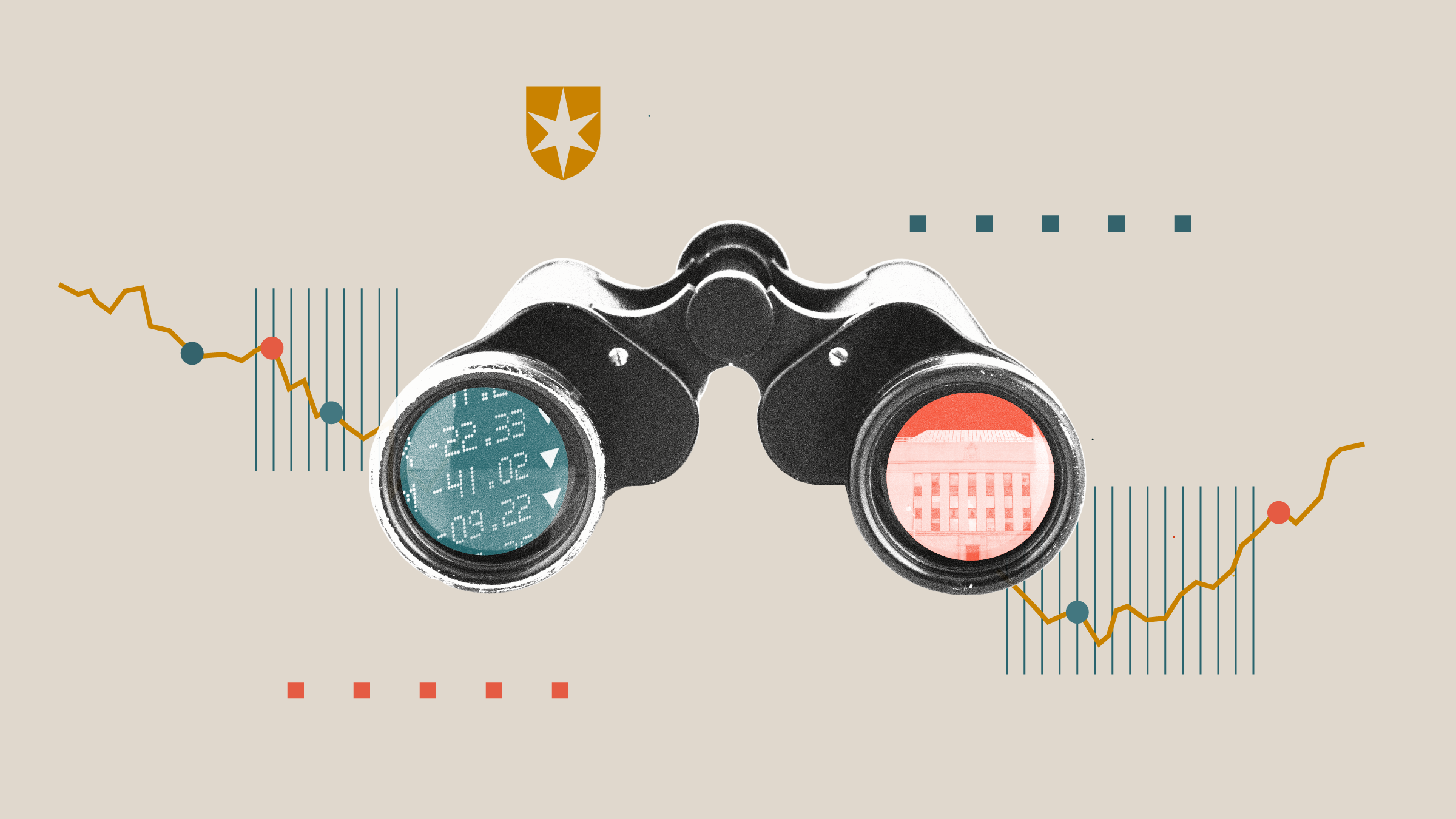 Illustration on binoculars with graphical elements and time series graph in the background