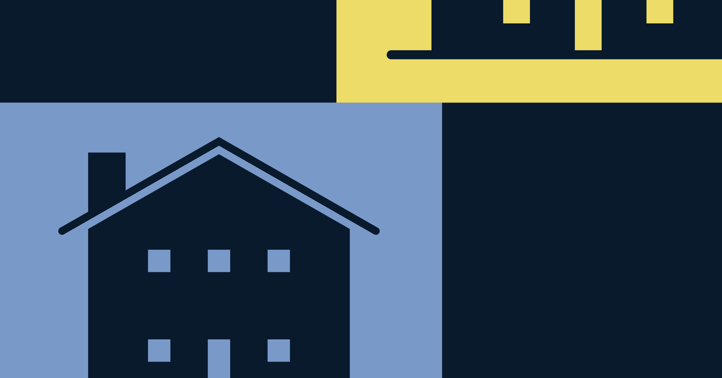 Illustration of a black two story house outlined in blue and part of a black two story house outlined in yellow in front of a black background depicting the real estate industry