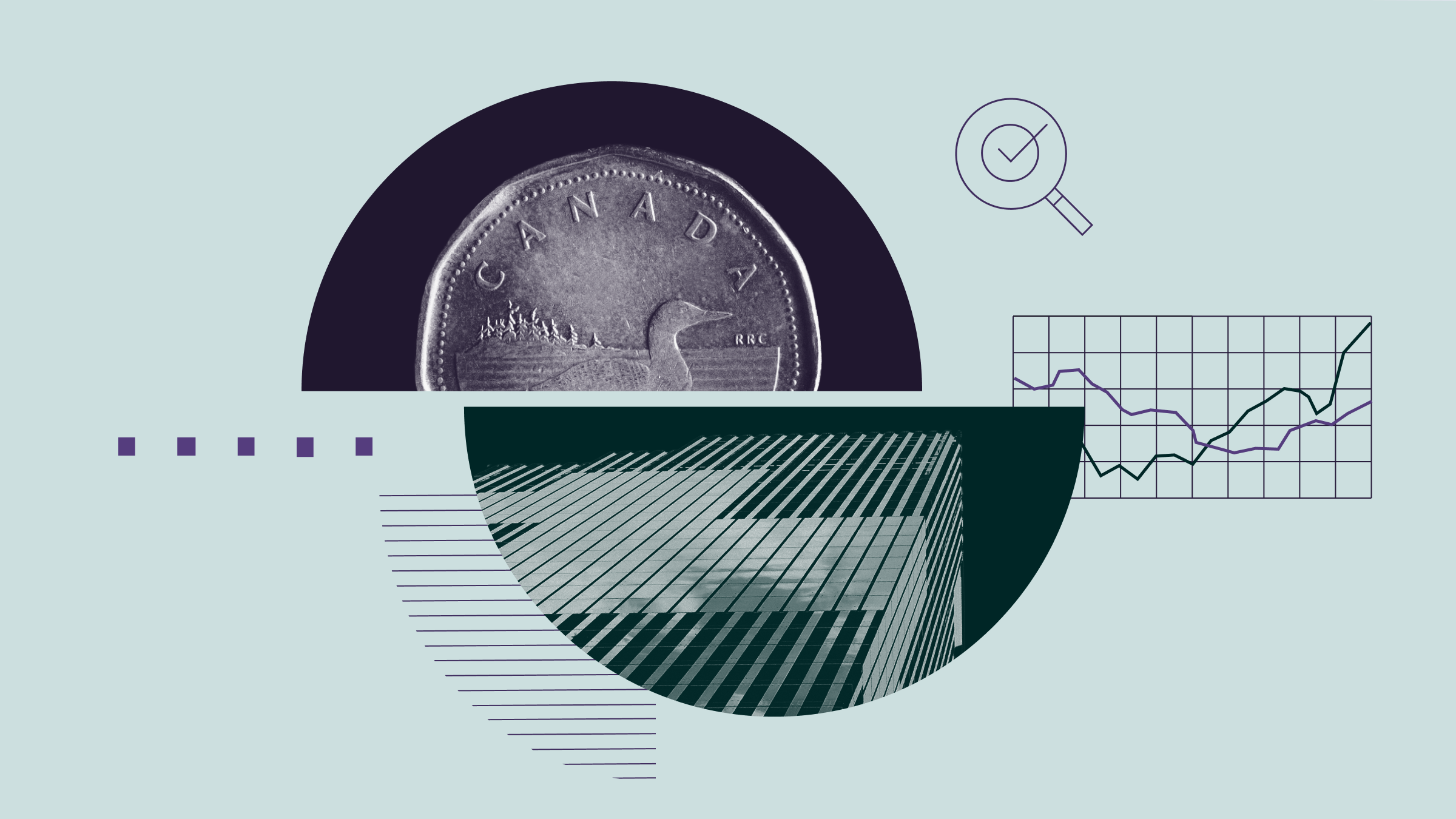 Collage illustration featuring a Canadian dollar loonie coin, a city skyscraper, and abstract graphical elements.