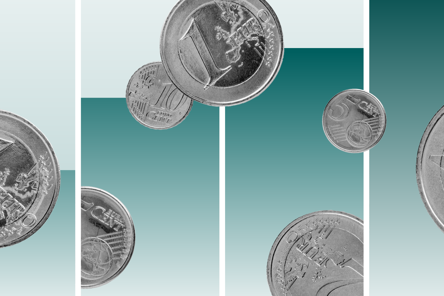 Photo collage illustration of bar graphs with floating euro coins