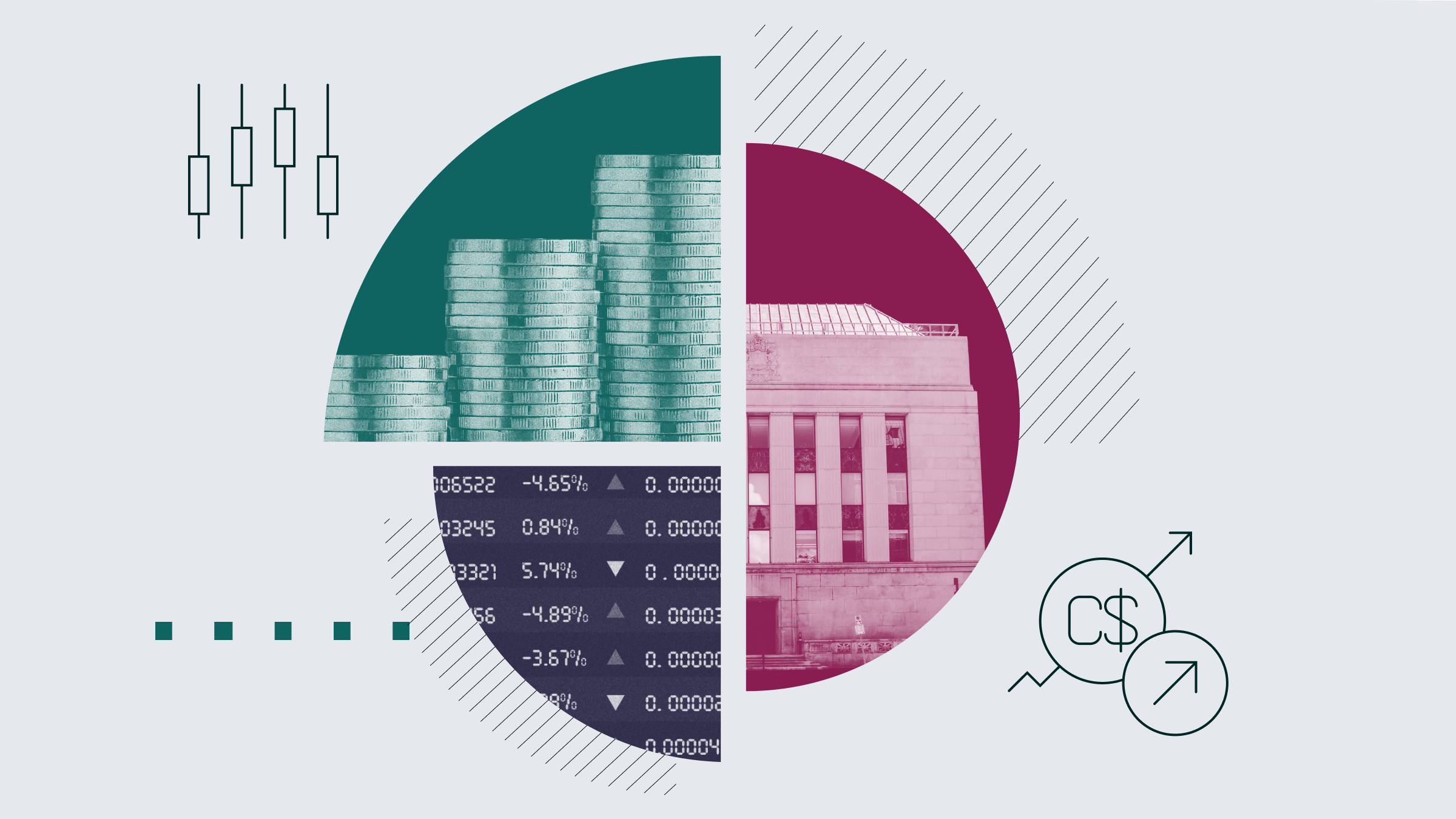 Collage illustration of a pie chart featuring images of the Bank of Canada, a stack of coins, an a ticker board.
