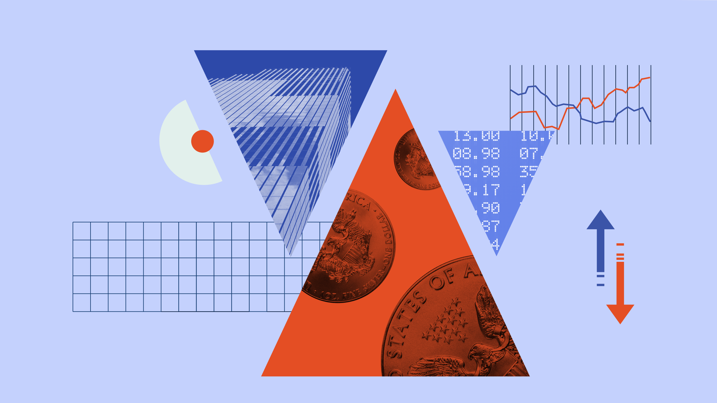 Ilustración collage con triángulos que apuntan hacia arriba y hacia abajo, con fotografías de monedas y de un edificio urbano integradas en el diseño, junto con diversos elementos gráficos.