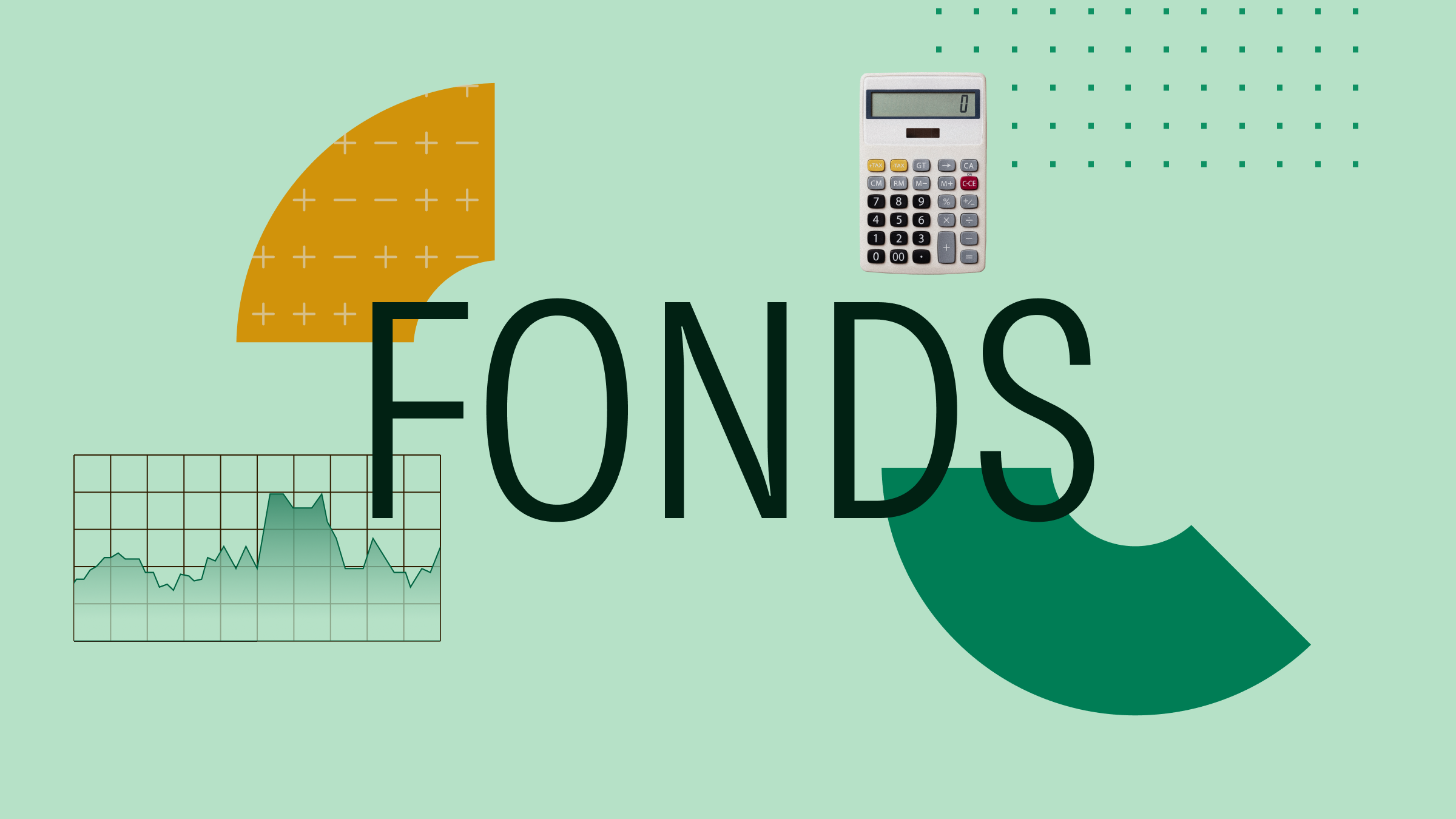 Collage illustration featuring 'Funds' at the center, surrounded by upward and downward-pointing triangles, with images of a building and coins.