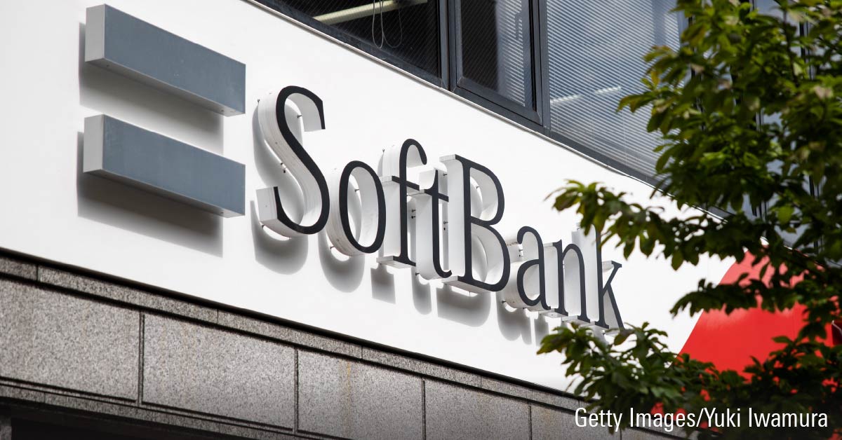 SoftBank logo at the entrance of a mobile shop in Tokyo on April 6, 2021.