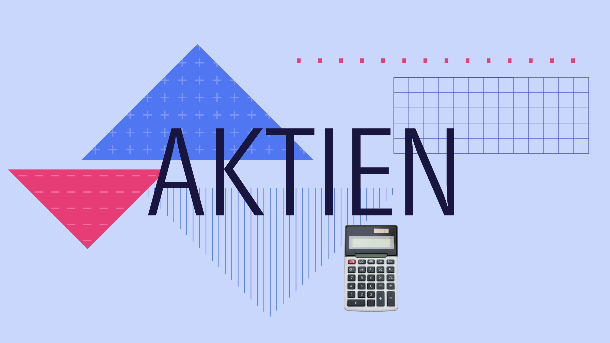 Collagenillustration mit dem Text „aktien” in der Mitte und einem Taschenrechner und grafischen Elementen im Hintergrund.