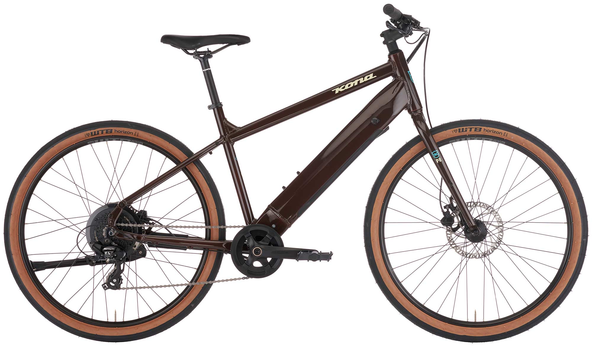 The Dew HD townie/commuter ebike comes equipped with a seven-speed Shimano Tourney drivetrain, hydraulic disc brakes, 47 x 650c WTB Horizon tires, and rack and fender mounts.