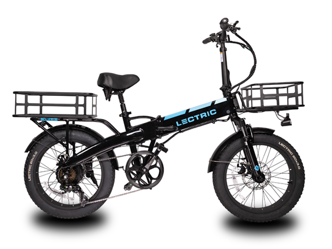 The ebike’s step-over iteration complemented with add-on cargo baskets available through Lectric’s website.