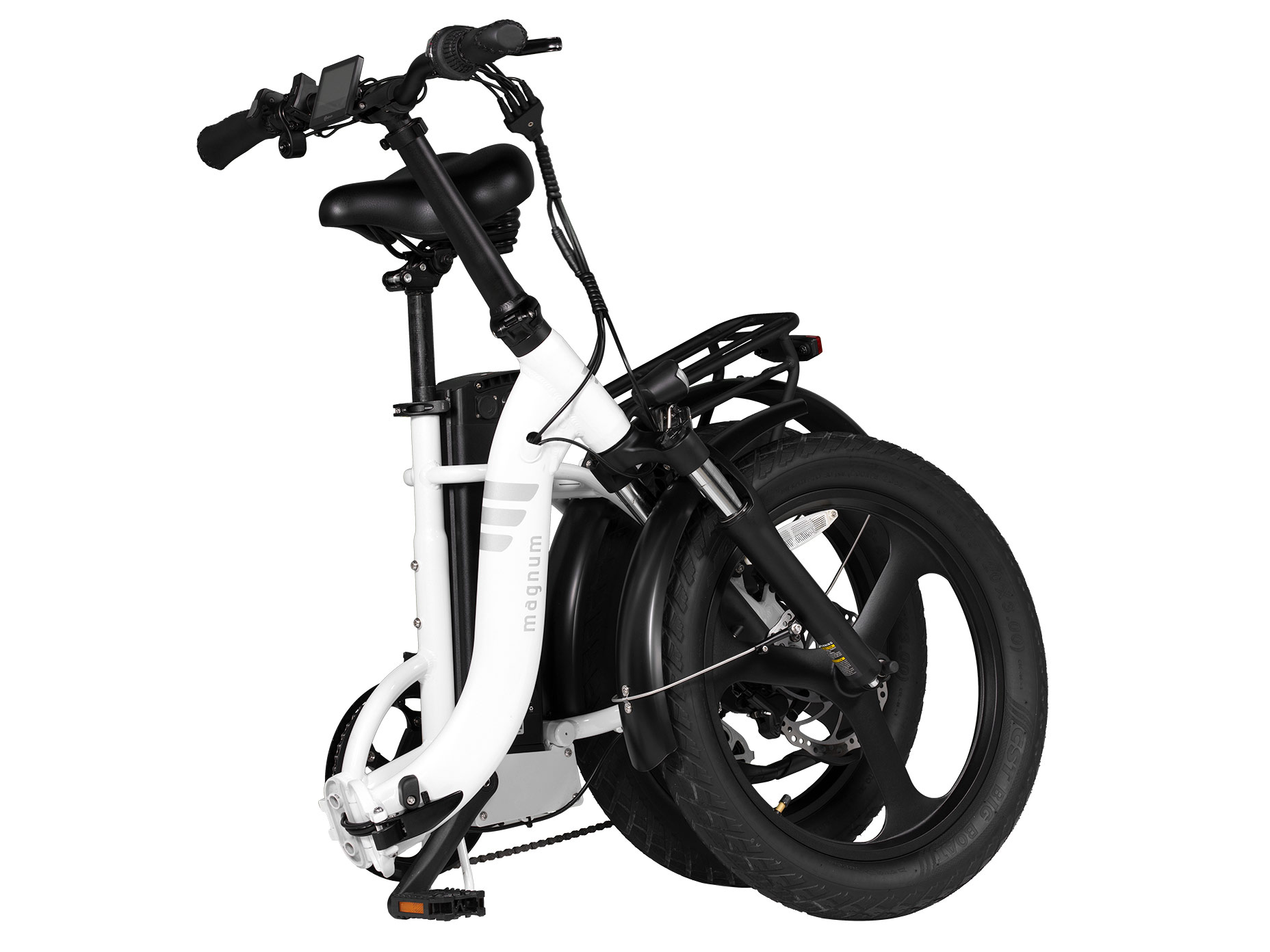 The bike in its semi-folded form—the handlebar and pedals also fold down.