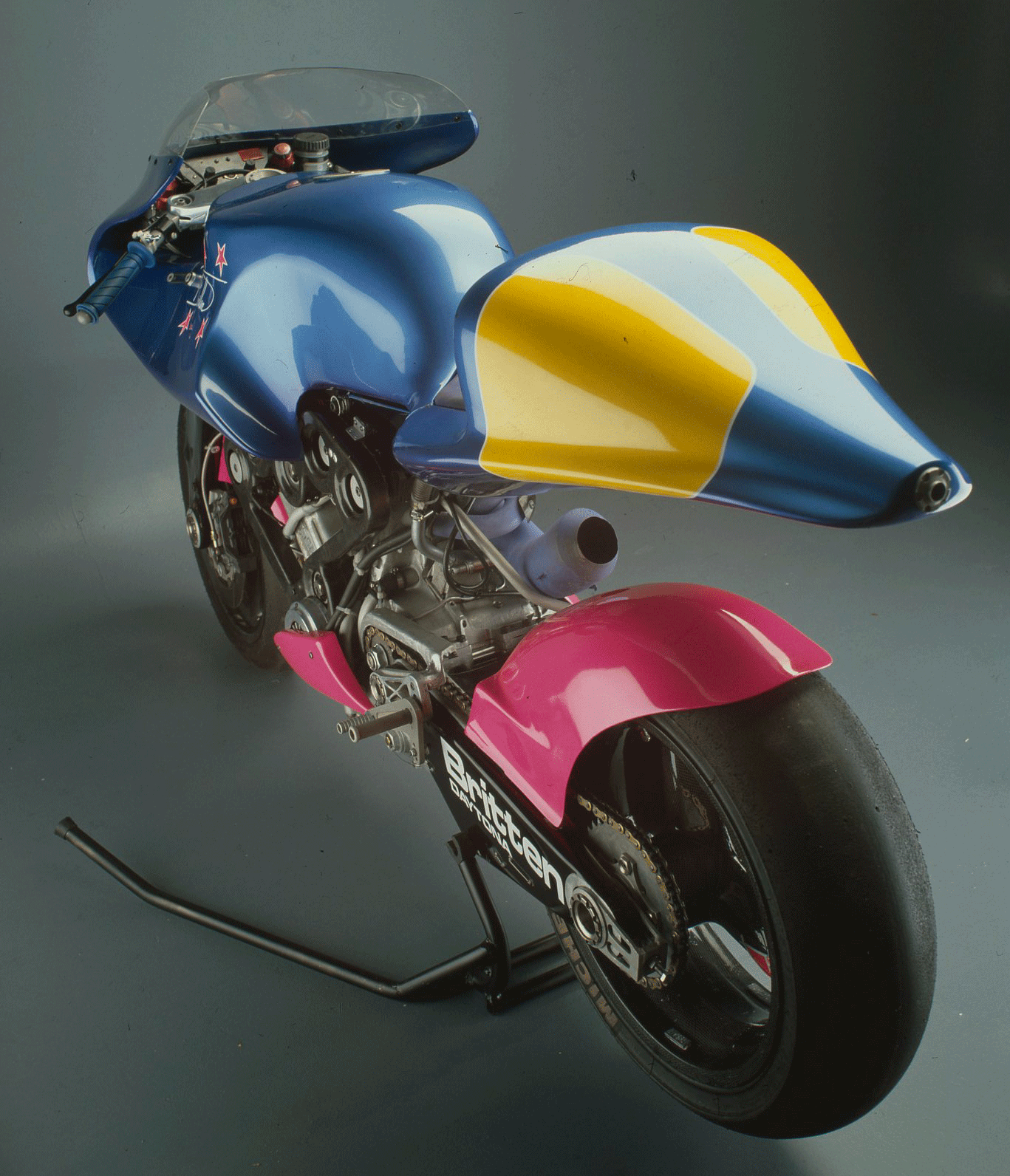 This Britten V-1100 racebike pairs innovative engine and suspension tech with minimalist bodywork.”