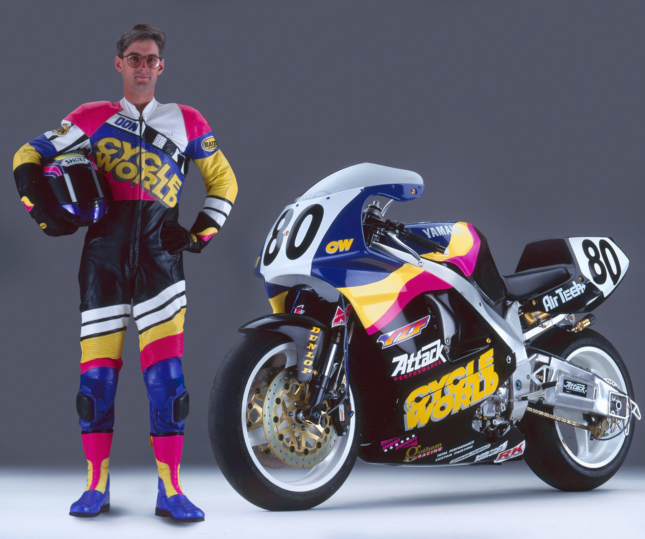 Cycle World’s road test editor Don Canet had sick custom leathers to match his YZF750 racebike.