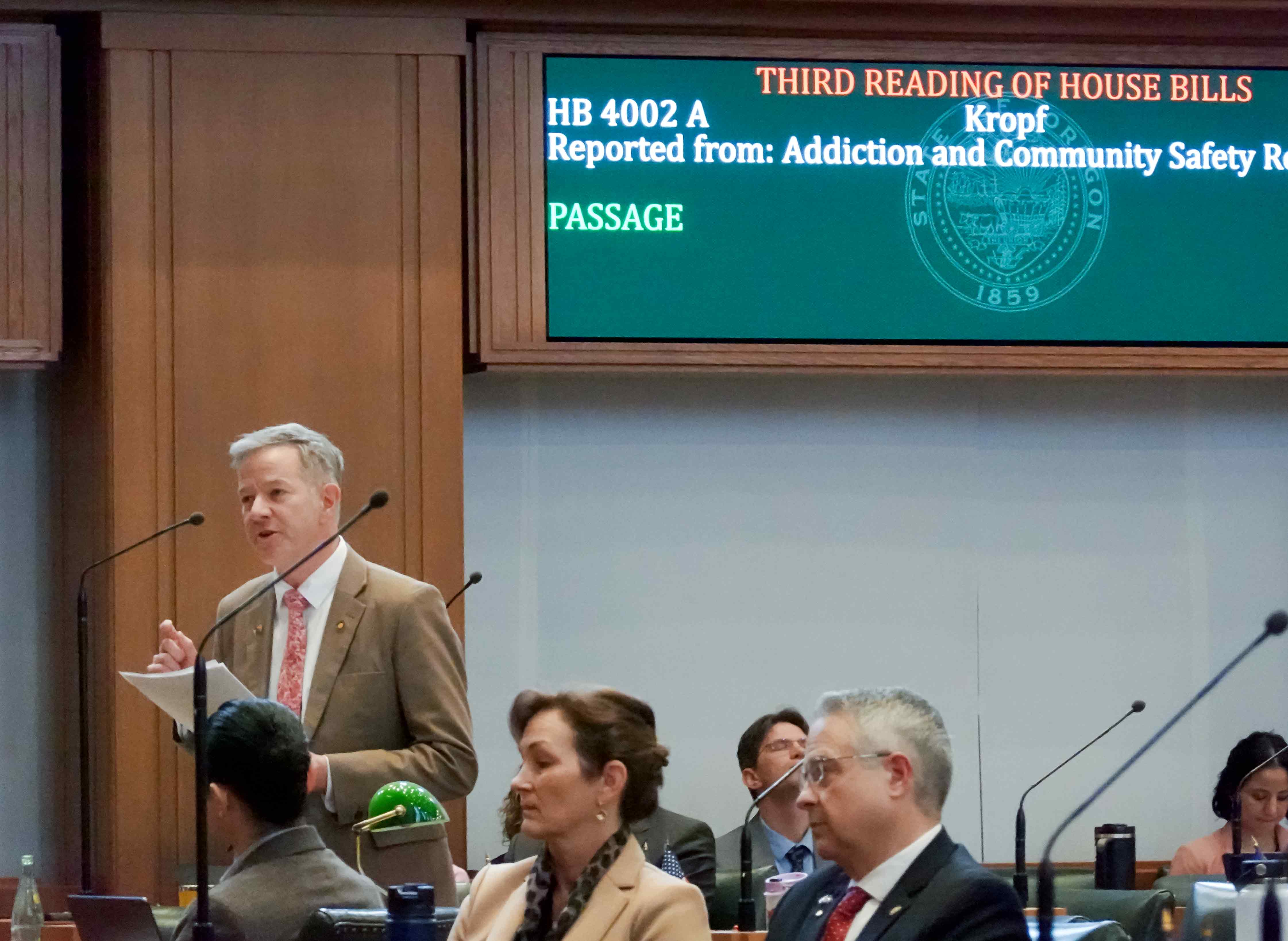 State Rep. Rob Nosse, D-Portland, speaks on the House floor in favor of House Bill 2002 on Thursday. Among its many provisions, the bill would reintroduce criminal penalties for possessing small amounts of drugs.