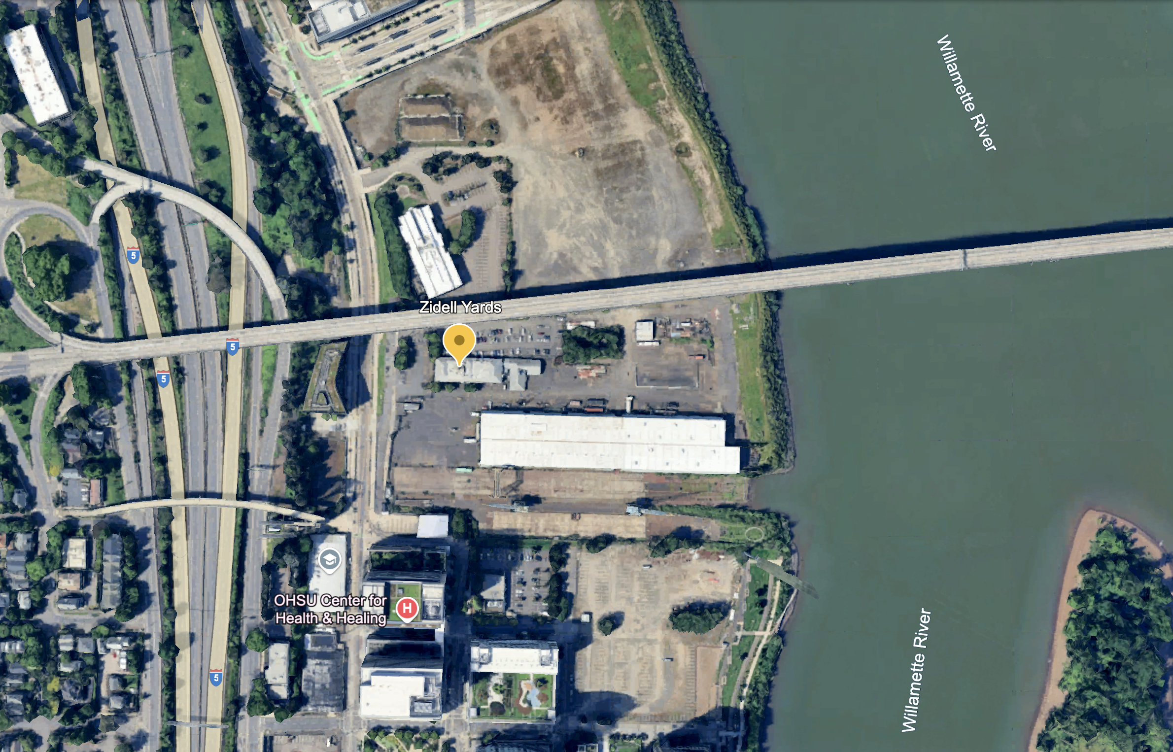 Zidell Yards, on Portland’s South Waterfront, as seen in this satellite image from May 2024. The Portland Diamond Project announced Tuesday it signed a letter of intent to purchase the site, aiming to build a ballpark that would meet Major League Baseball requirements.