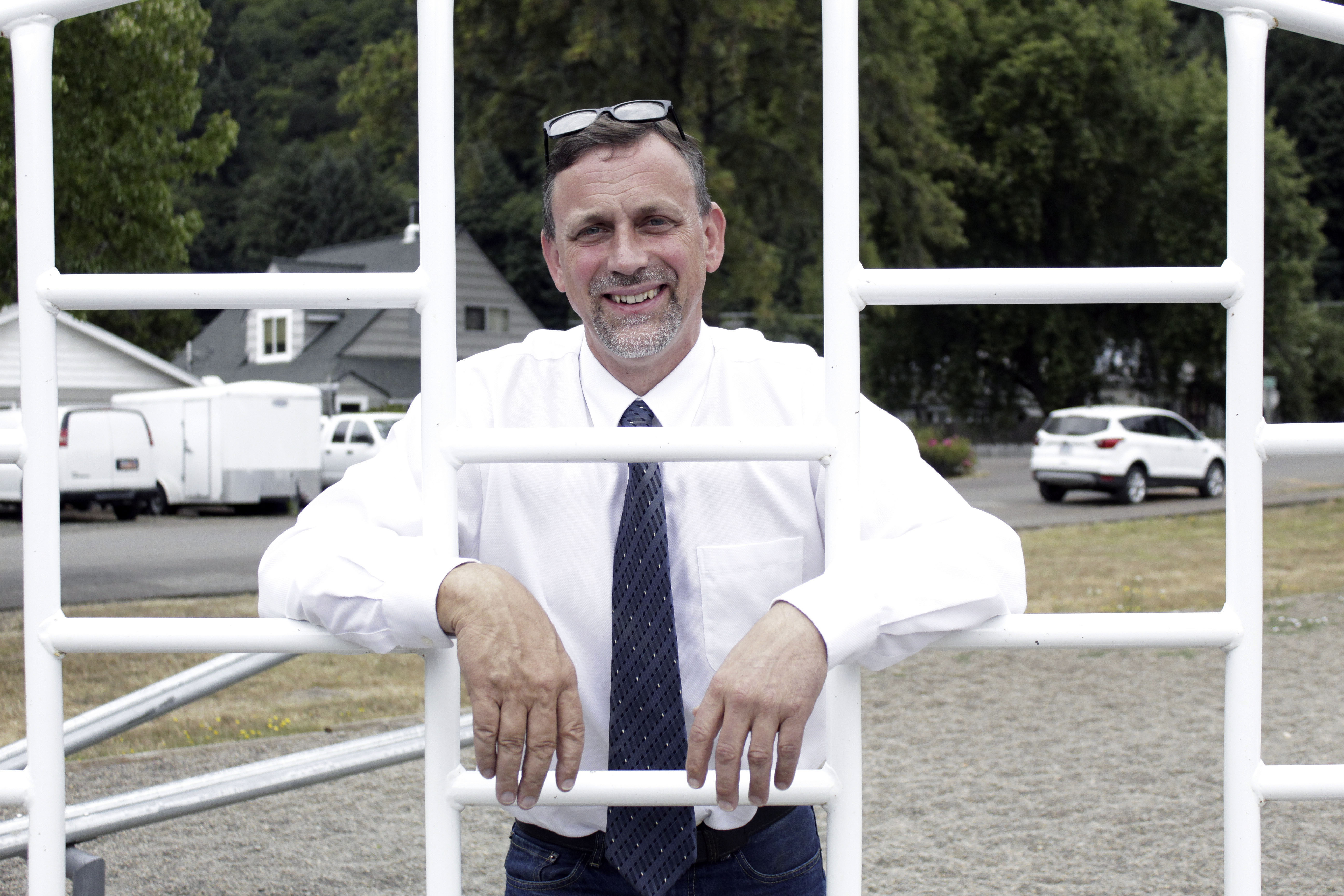 Alsea School District Superintendent Marc Thielman poses for a portrait on the school campus in Alsea, Ore., in this file photo from August 2021.  Thielman, who is running for governor as a Republican, supported a school district policy lifting districtwide mask requirements for students.