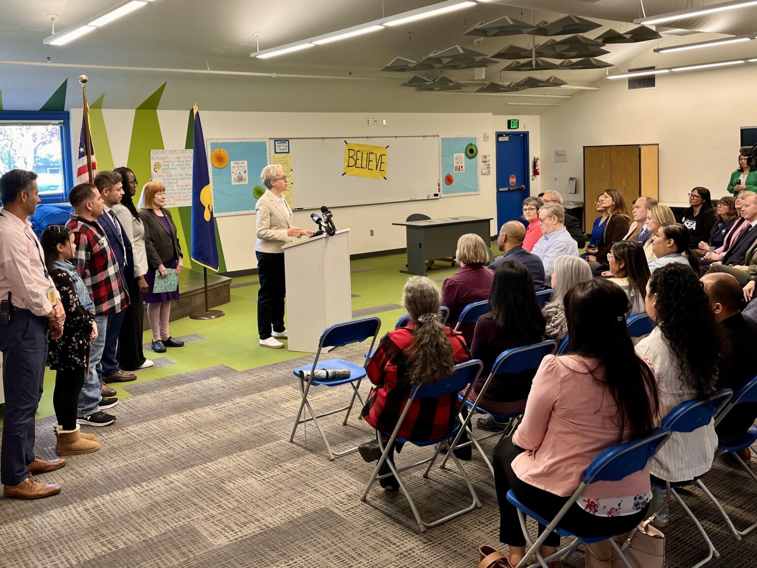 Oregon Gov. Tina Kotek at a ceremony where she signed $30 milllion summer school funding bill. It was about $20 million less than she had advocated state lawmakers pass.