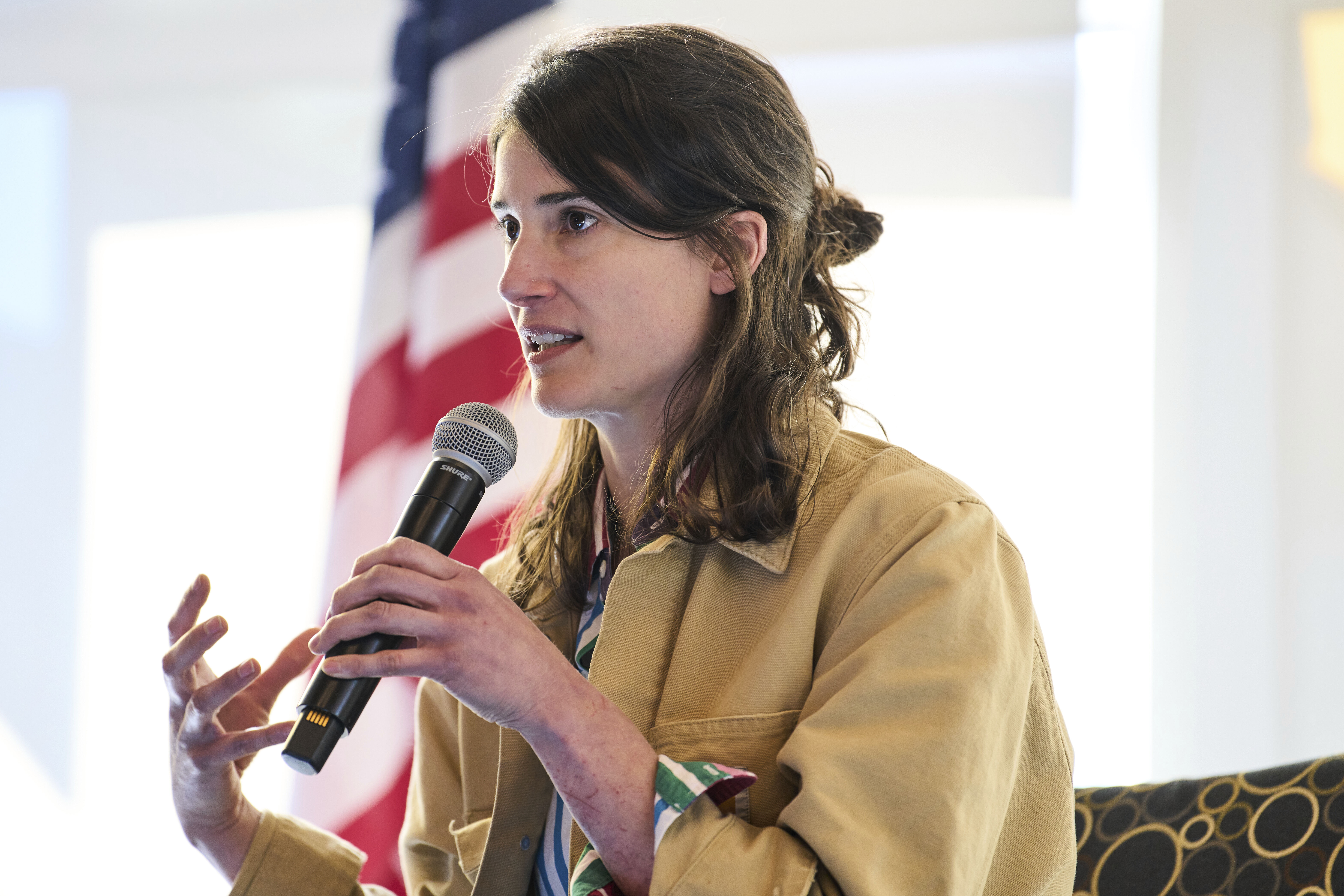 Rep. Marie Gluesenkamp Perez, D-Wash., speaks during a town hall event at Centralia College, Tuesday, April 22, 2025, in Centralia, Wash.