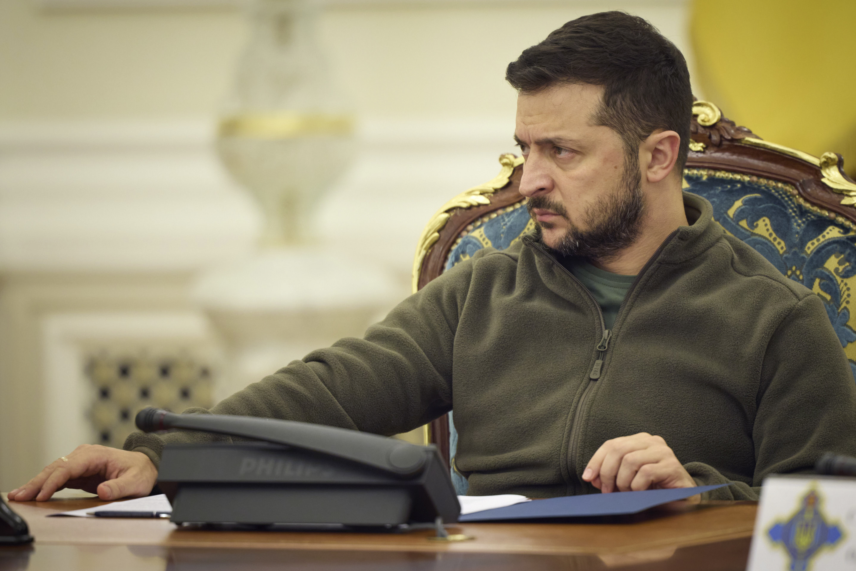 In this photo released by the Ukrainian Presidential Press Office, Ukrainian President Volodymyr Zelenskyy leads a meeting National Security and Defense Council meeting in Kyiv. He announced that his country is submitting an "accelerated" application to join the NATO military alliance.