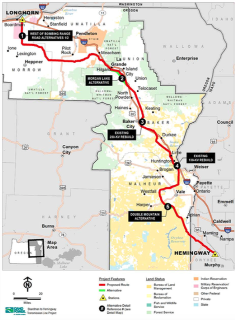The Boardman to Hemingway transmission route that was approved by the Bureau of Land Management. Its approval was announced on Nov. 17, 2017