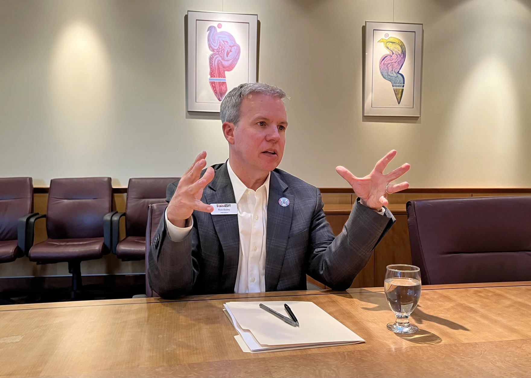 Southern Oregon University President Rick Bailey answers questions from reporters at a press conference on May 8, 2026.