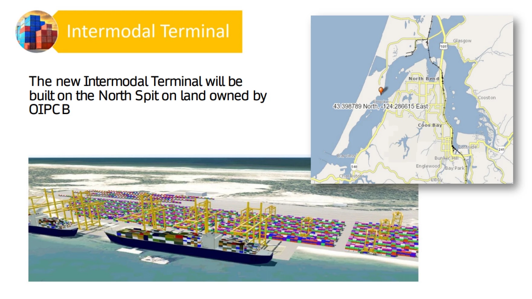 A map of Coos Bay pinpoints the location of the port. A computer graphic shows cargo ships docked next to containers. Text reads "Intermodal Terminal: The new intermodal terminal will be built on the North Spit on land owned by OIPCB"