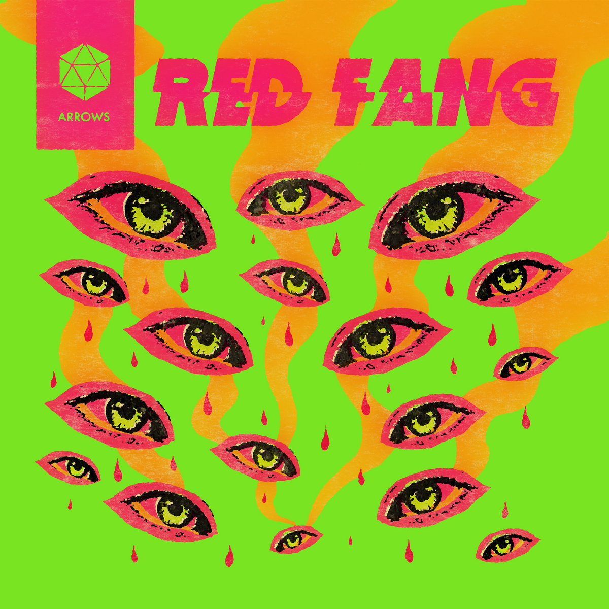 A brightly colored album color has a fluorescent green background with pink and orange images of more than a dozen eyes of different sizes and psychedelic swirls. Text reads "Red fang" and "arrows."