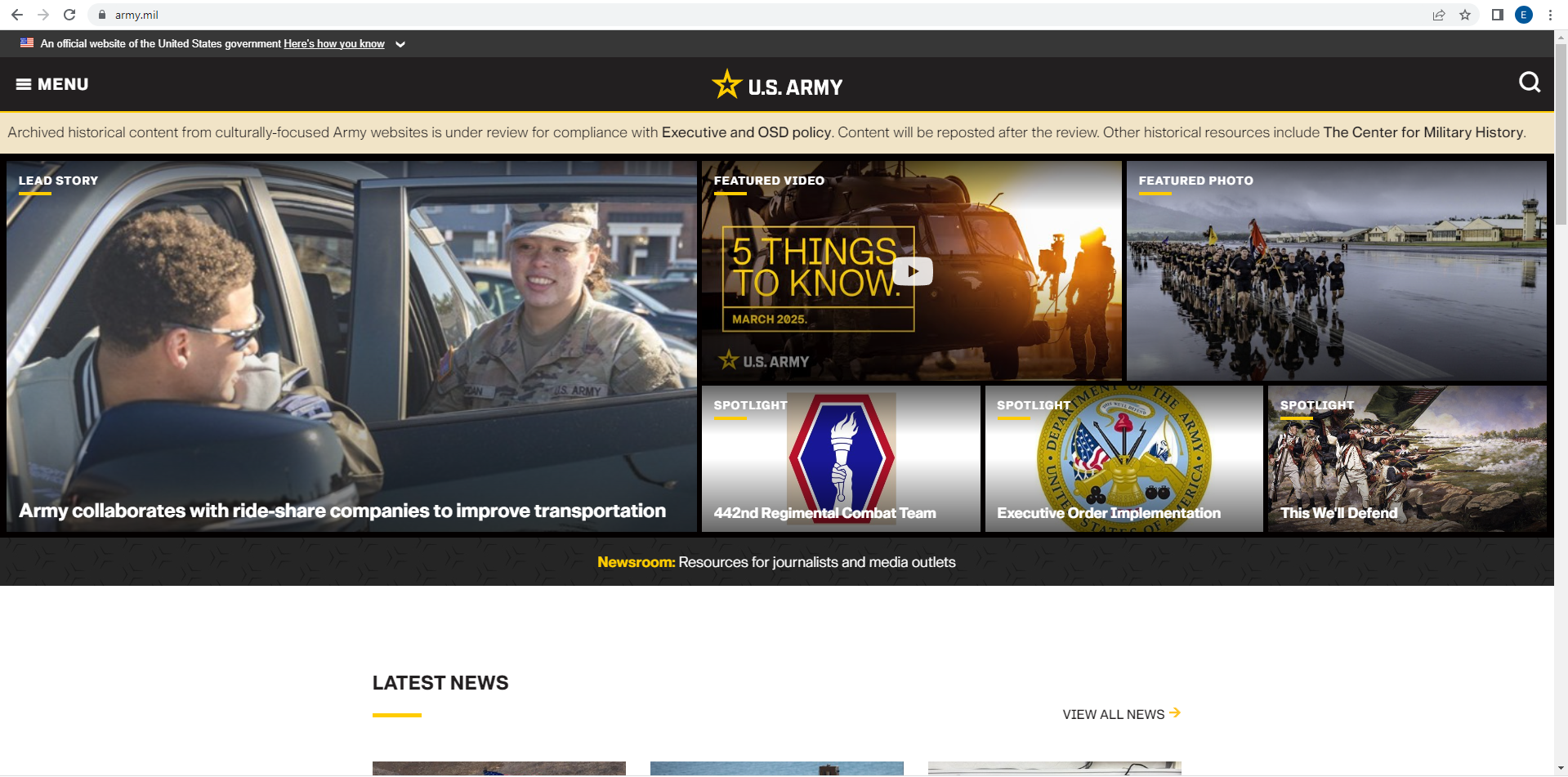 Screenshot from March 24, 2025 of the official US Army Website, where historical WASP content has been removed. The banner reads “Archived historical content from culturally-focused Army websites is under review for compliance with Executive and OSD policy. Content will be reposted after the review.”