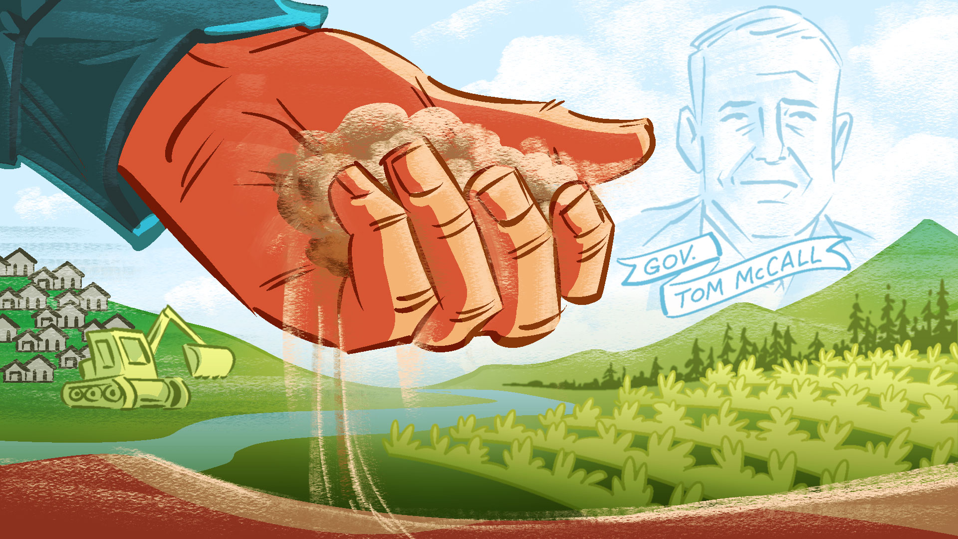 Illustration of a hand holding Willamette Valley soil with suburban construction, farmland and the face of Governor Tom McCall in the background.