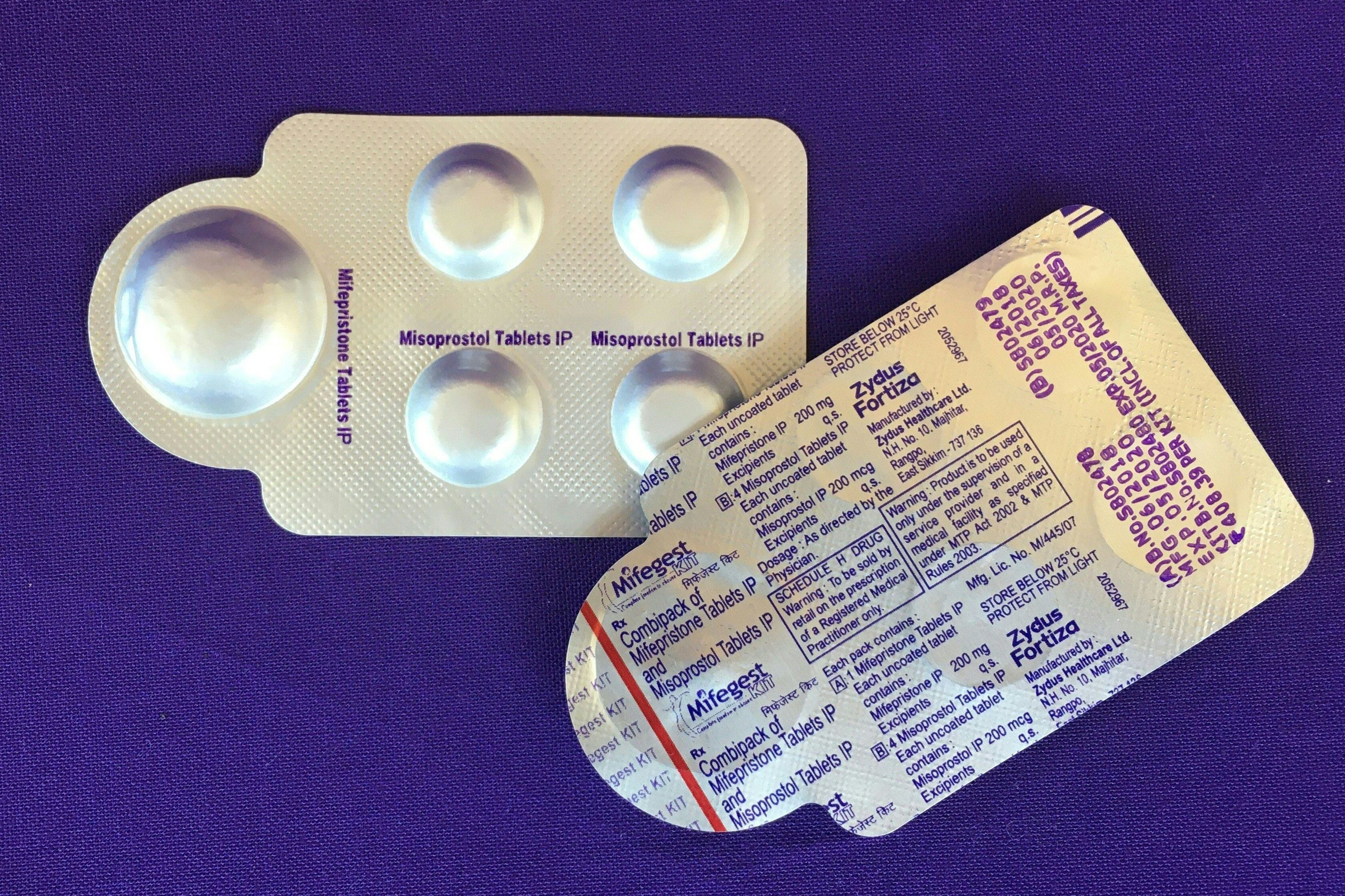 Plan C shows a combination pack of mifepristone and misoprostol tablets, two medicines used together, also called the abortion pill.