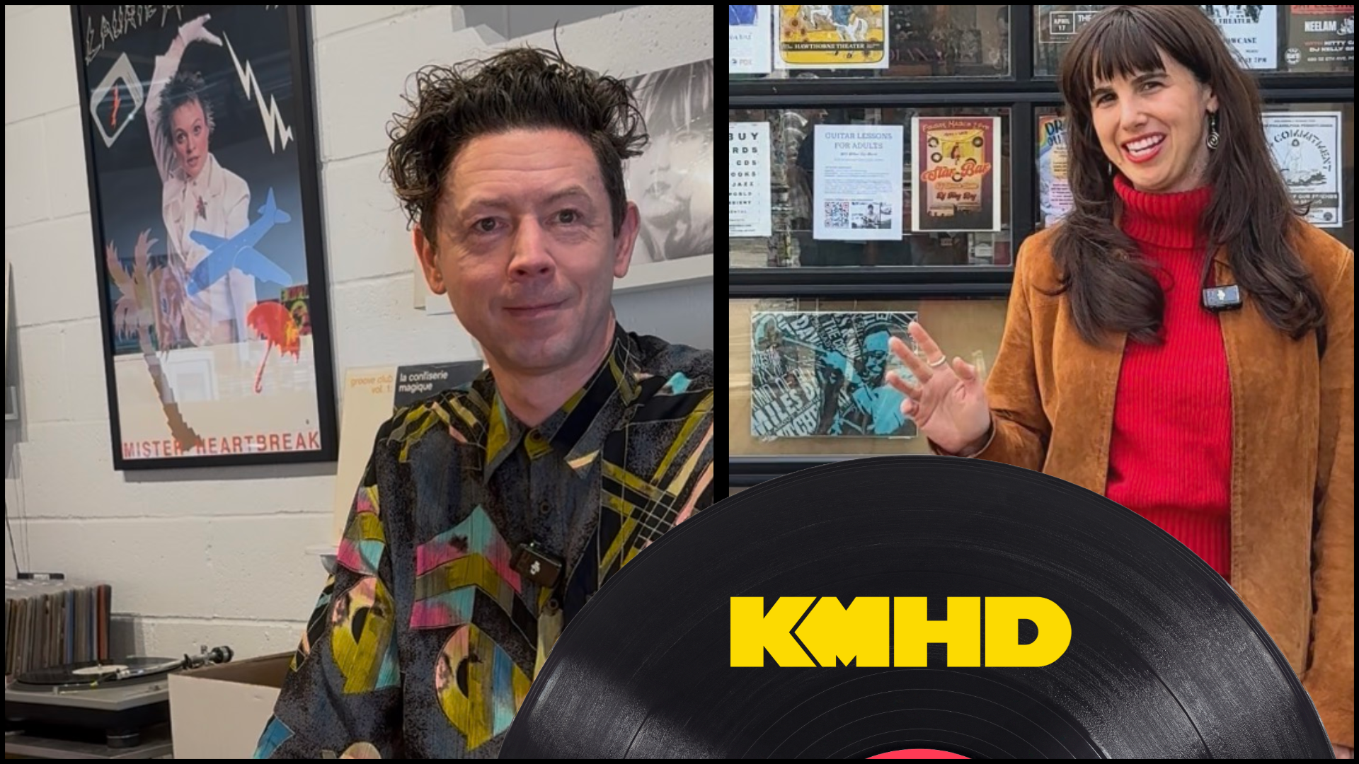 Luke Buser (left), co-owner of Mint Gallery Records is wearing a multi-patterned shirt. KMHD host Blaire Stapp (right) is wearing a brown coat over a red turtleneck sweater.