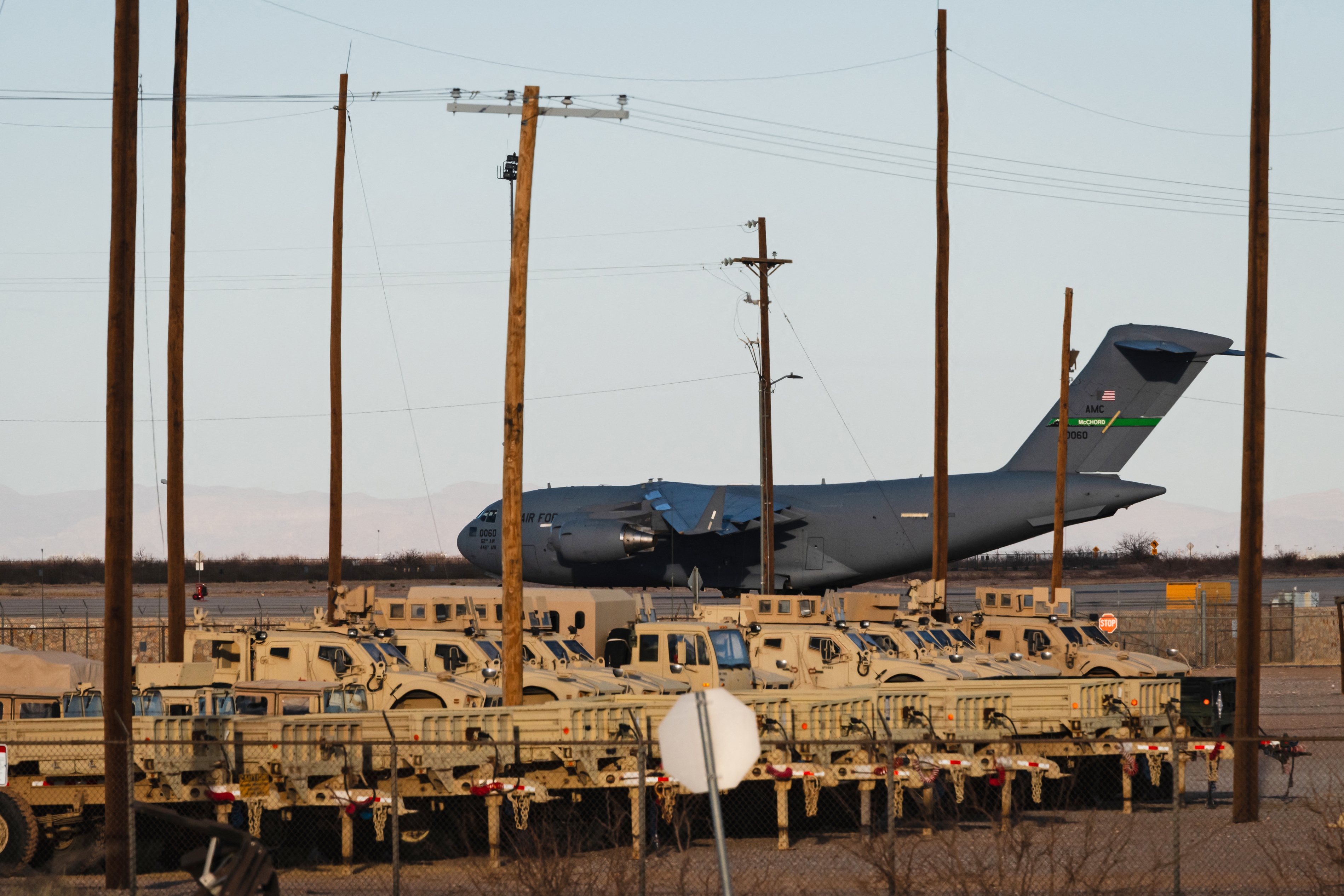 A United States Air Force Boeing C-17 used for deportation flights is pictured at Biggs Army Airfield in Fort Bliss, El Paso, Texas in February 2025.