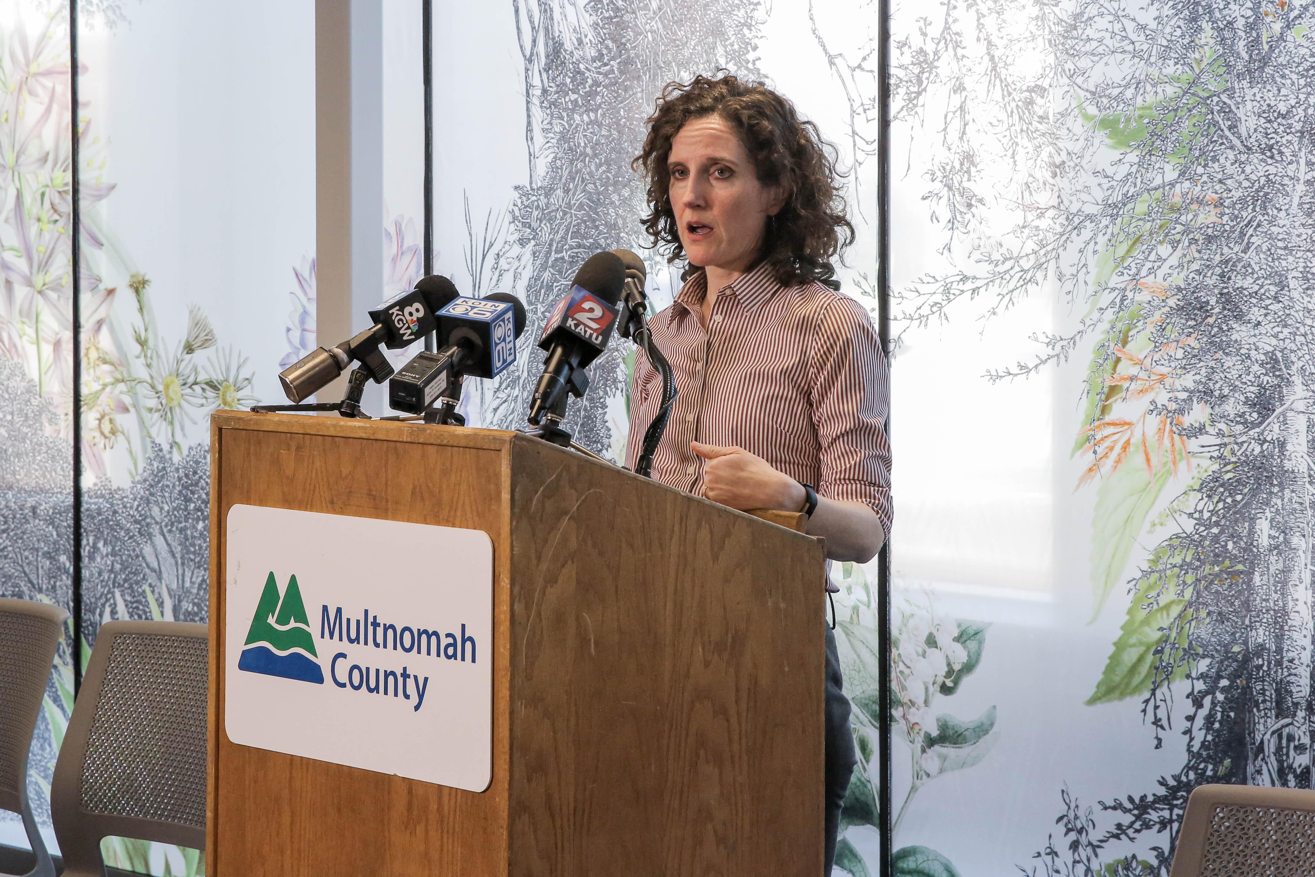 Tri-county health officer Dr. Jennifer Vines briefs reporters at the Multnomah County Health Department in Portland, Ore., March 9, 2020. The first presumptive positive case of COVID-19 in a person living in Multnomah County brings the state’s total to 15.