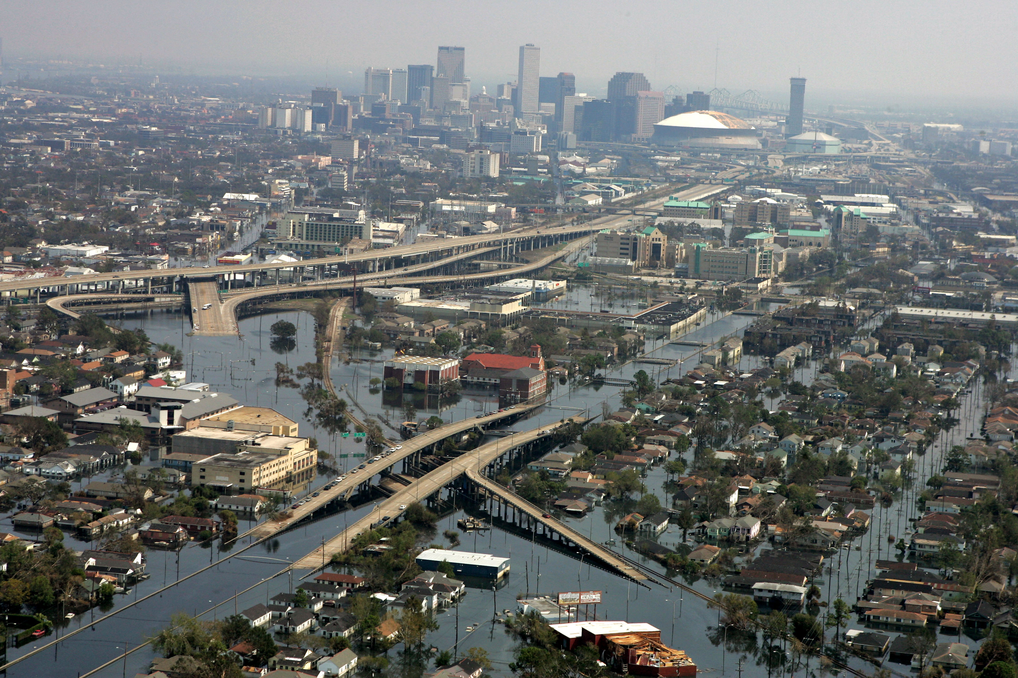 Floodwaters from Hurricane Katrina fill the streets near downtown New Orleans on Sept. 5, 2005.