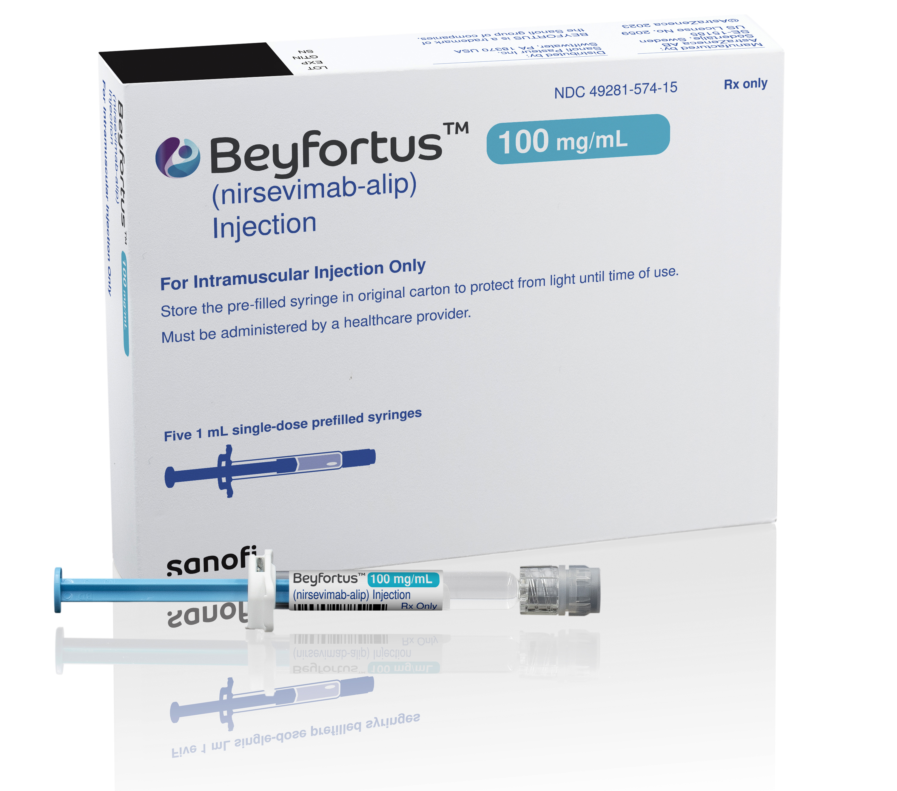 This illustration provided by AstraZeneca shows packaging for their medication, Beyfortus. In July 2023, the FDA approved Beyfortus, an antibody treatment created to protect babies against respiratory syncytial virus (RSV).