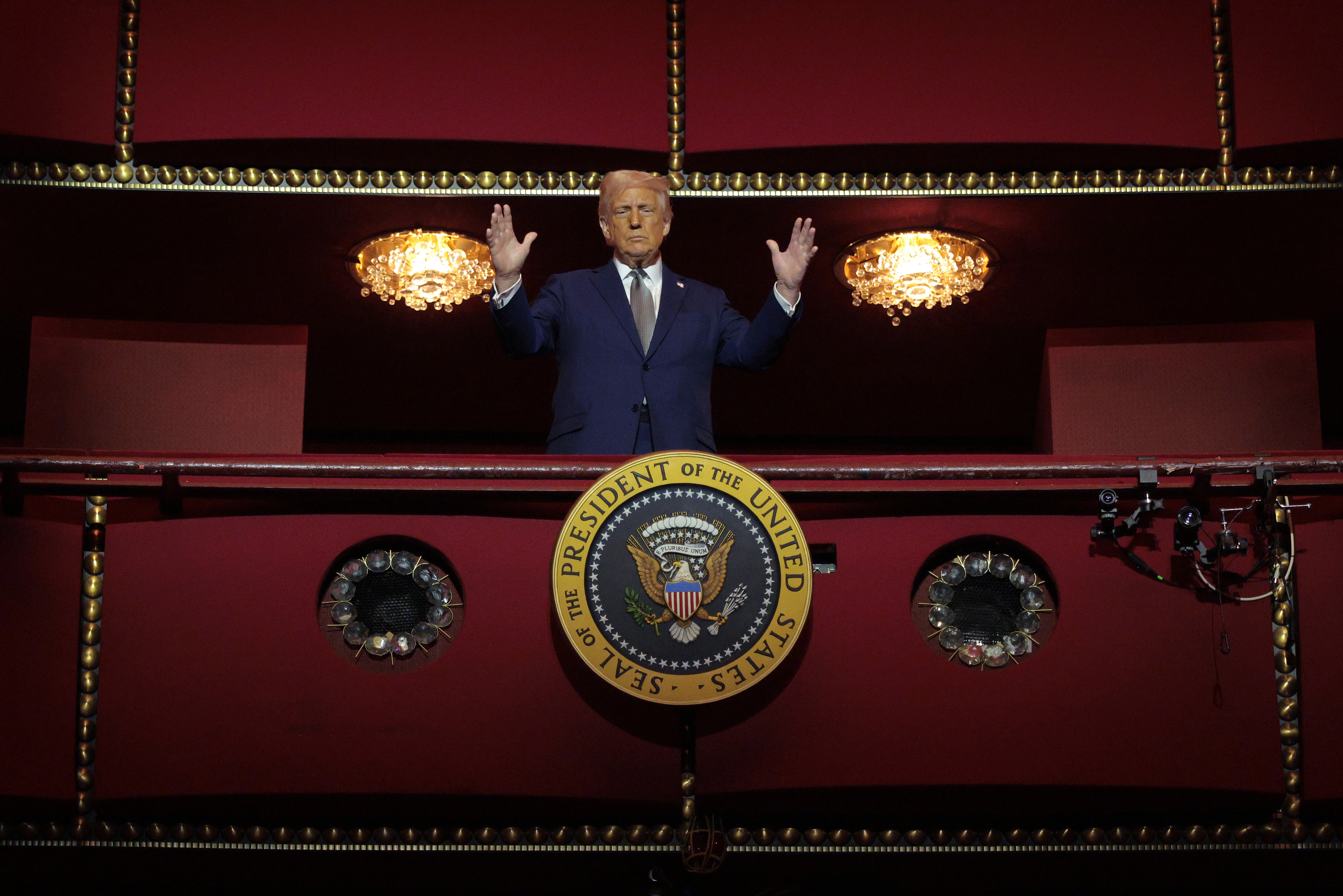 President Donald Trump looks down from the Presidential Box in the Opera House at the John F. Kennedy Center for the Performing Arts on March 17, 2025 in Washington, D.C.