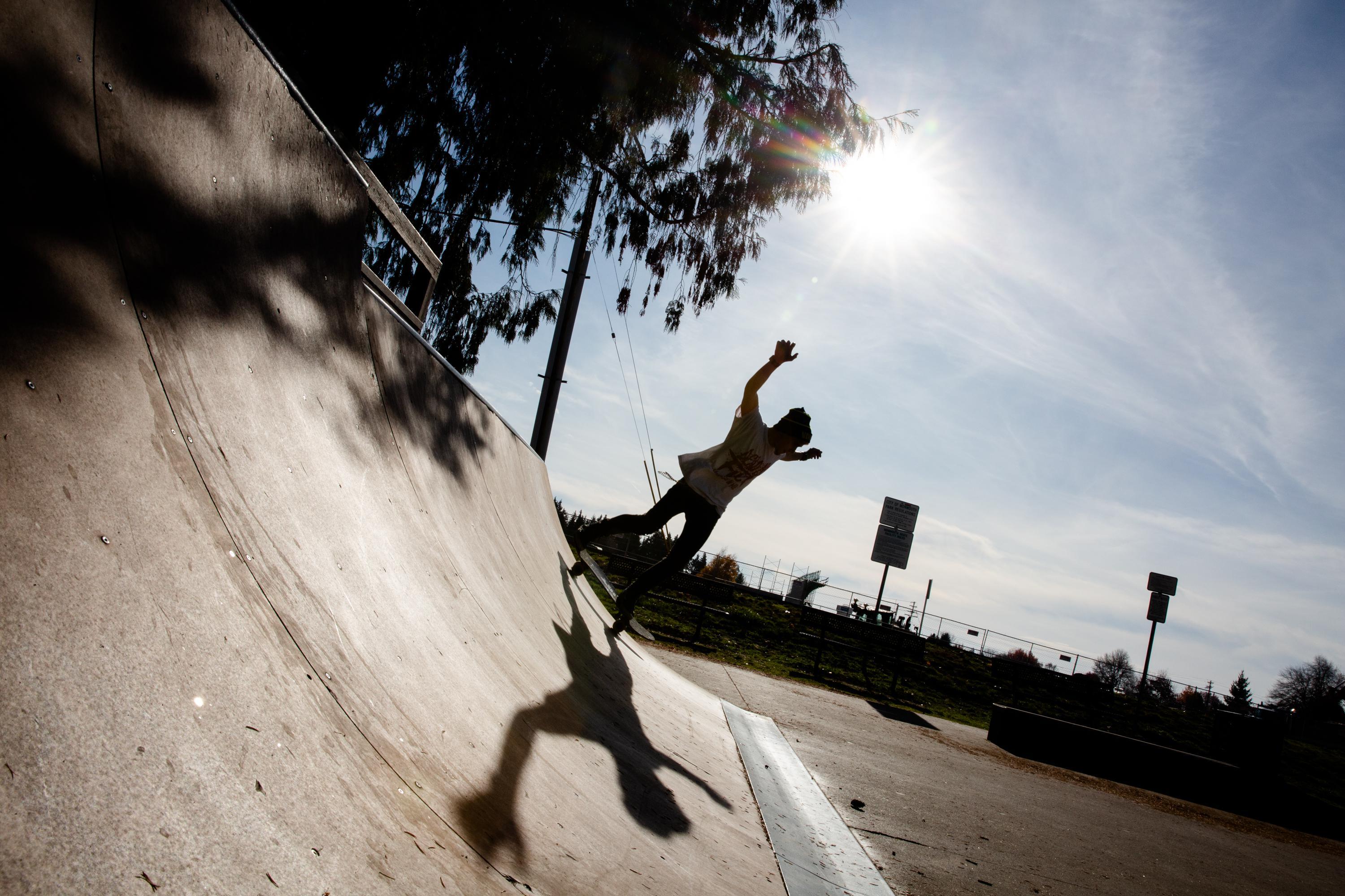 Caleb skateboards at a small, local skatepark near his adult foster home on Monday, Nov. 11, 2019, in Oregon. He is studying for his GED and lives close to his brother's apartment.