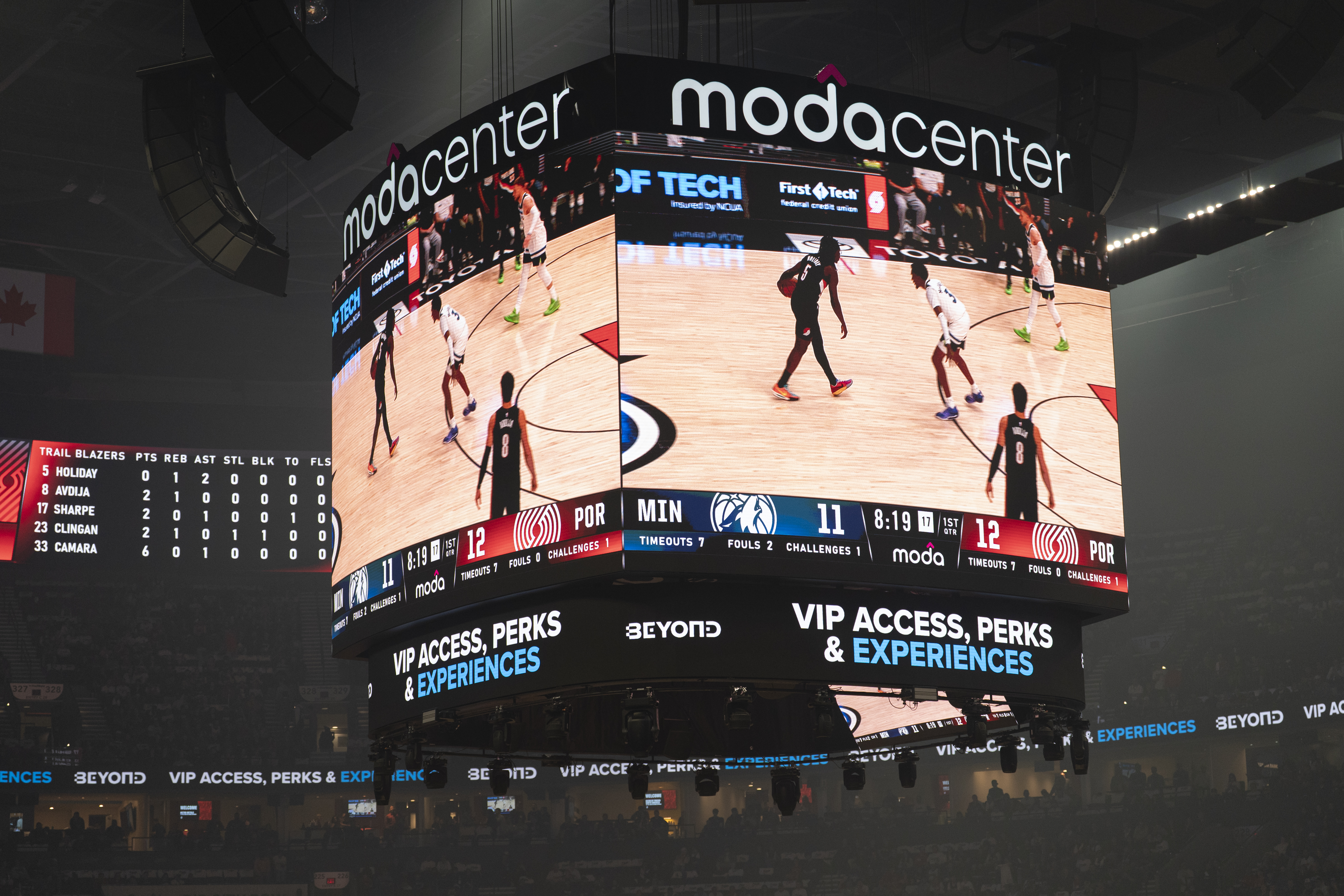 The jumbotron at the Moda Center on Oct. 22, 2025 in Portland, Ore.