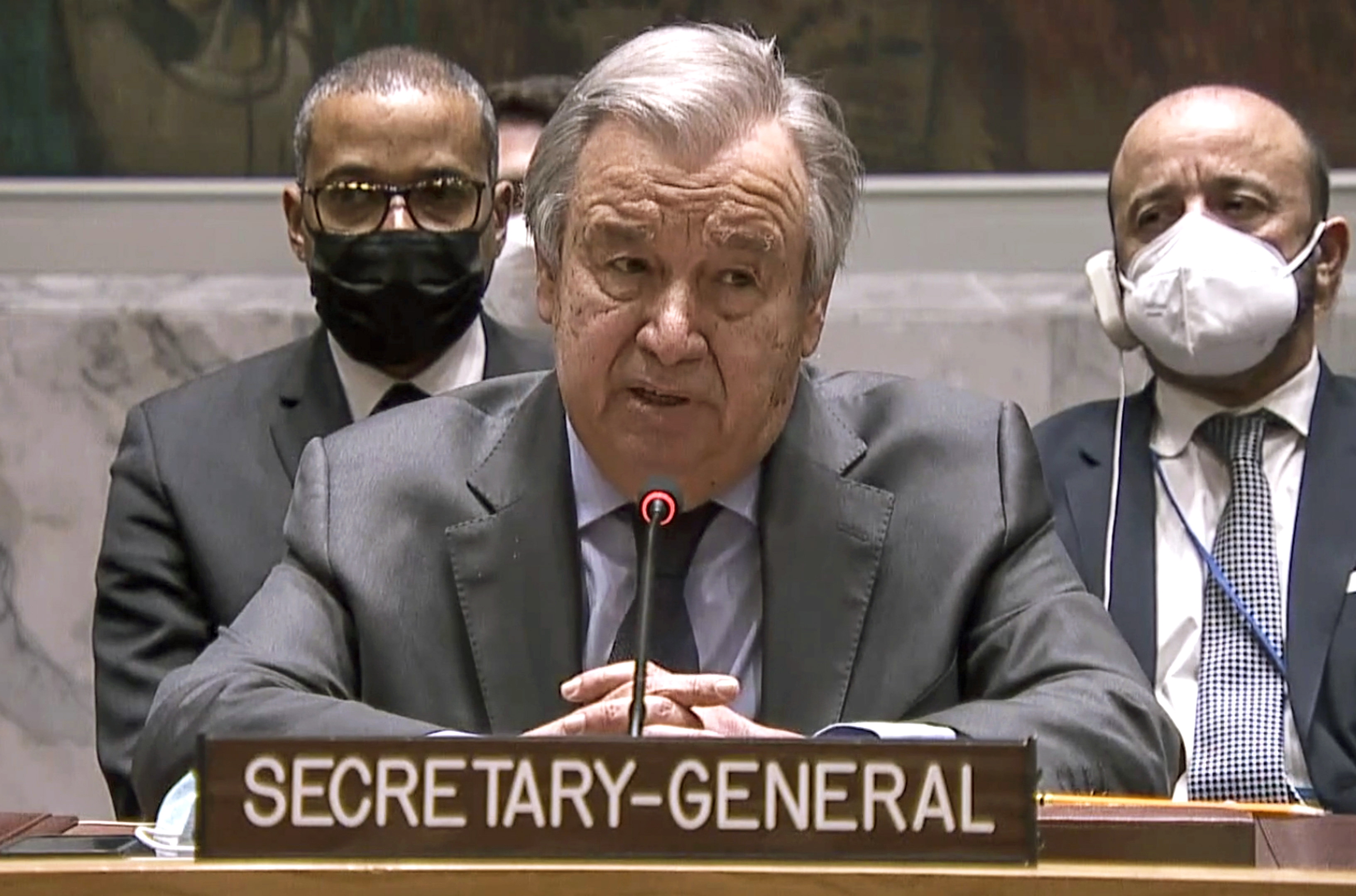 In this image taken from UNTV video, United Nation Secretary-General Antonio Guterres addresses an emergency meeting of the U.N. Security Council on Ukraine to deplore Russia's actions toward the country and plead for diplomacy, Wednesday, Feb. 23, 2022, at U.N. headquarters.