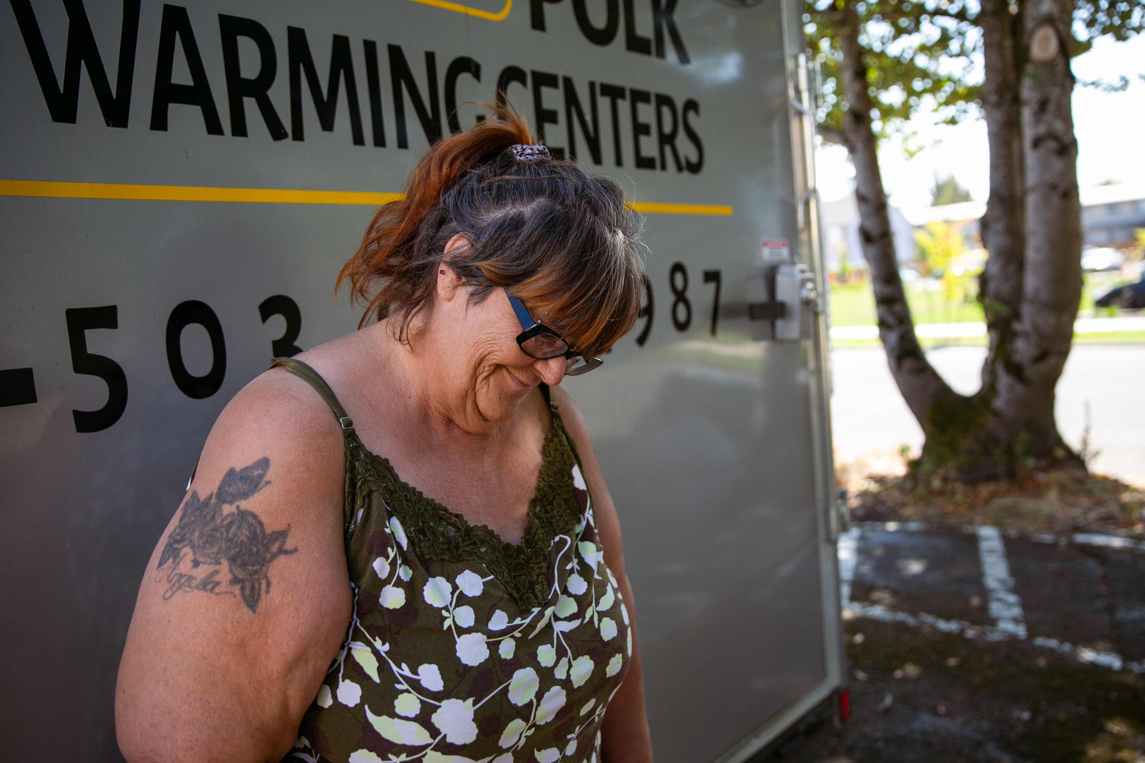 Angela Constantin stands outside of Community Life Church in Monmouth. Angela was living on the streets of Independence, Ore. before getting a room at the nearby homeless shelter.