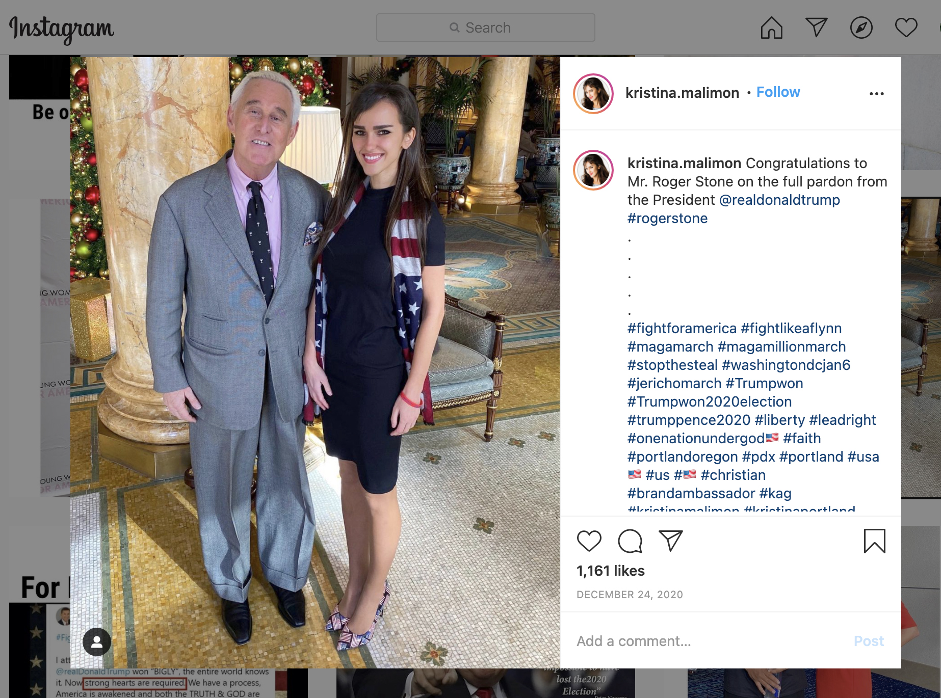 In this screenshot taken from Kristina Malimon's Instagram page, Malimon, right, is shown with Roger Stone, congratulating him on his pardon from the president. Malimon is the vice chairperson of the Young Republicans of Oregon, and was charged with unlawful entry and curfew violations at the U.S. Capitol grounds.
