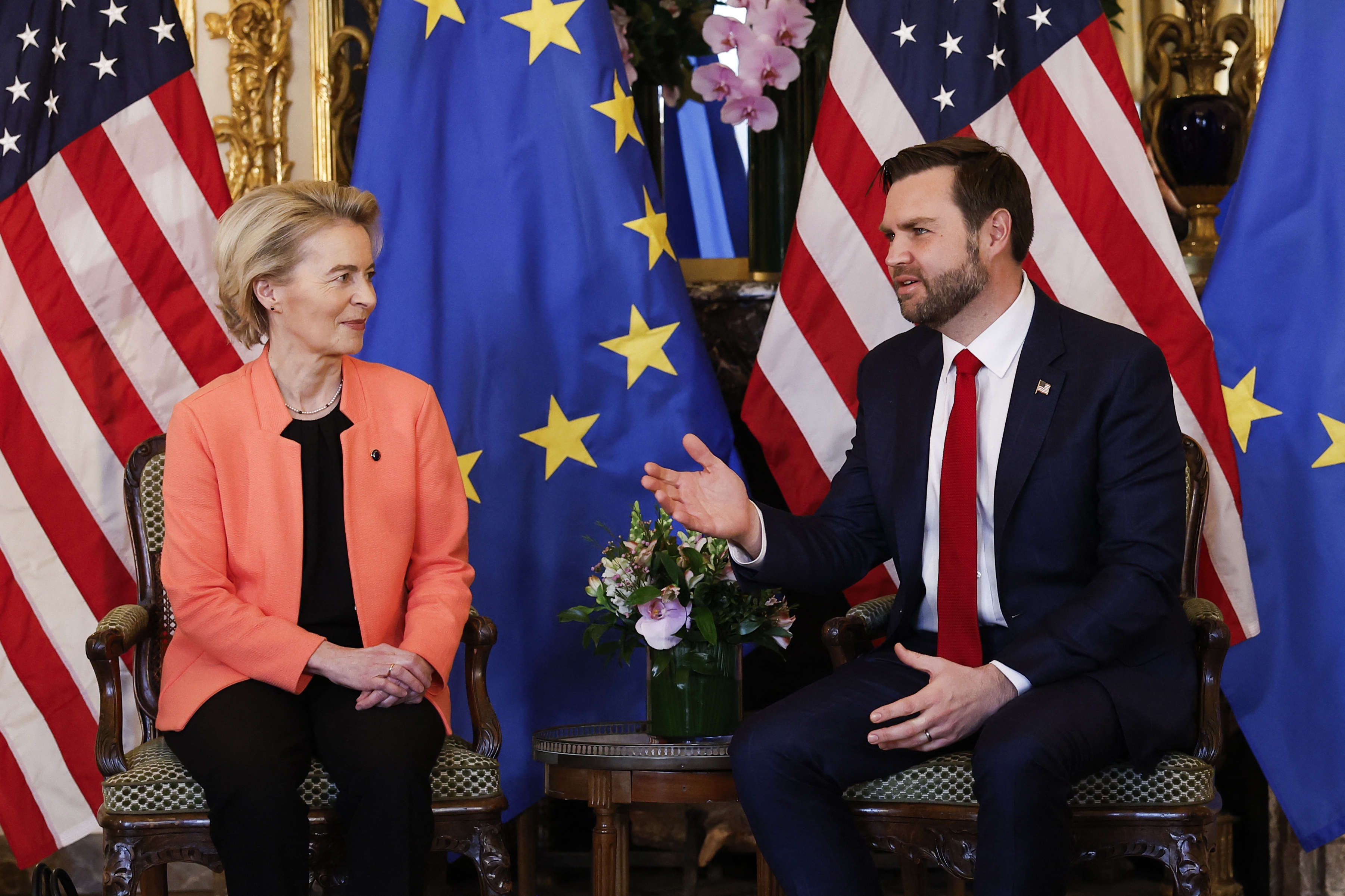 Vice President Vance meets with President of the European Commission Ursula von der Leyen at the US embassy in Paris on February 11, 2025.