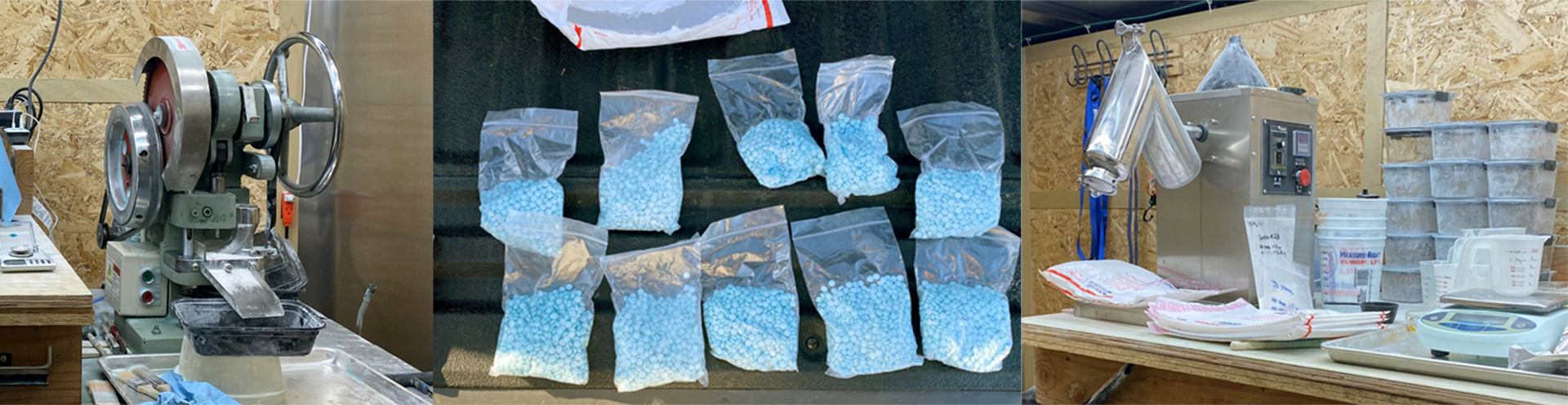 These provided photos show a makeshift fentanyl laboratory inside a storage unit in Vancouver, Wash., Oct. 13, 2022. The lab was part of a drug trafficking ring that brought fentanyl from Mexico, pressed it, and sold an average of 10,000 pills a week.