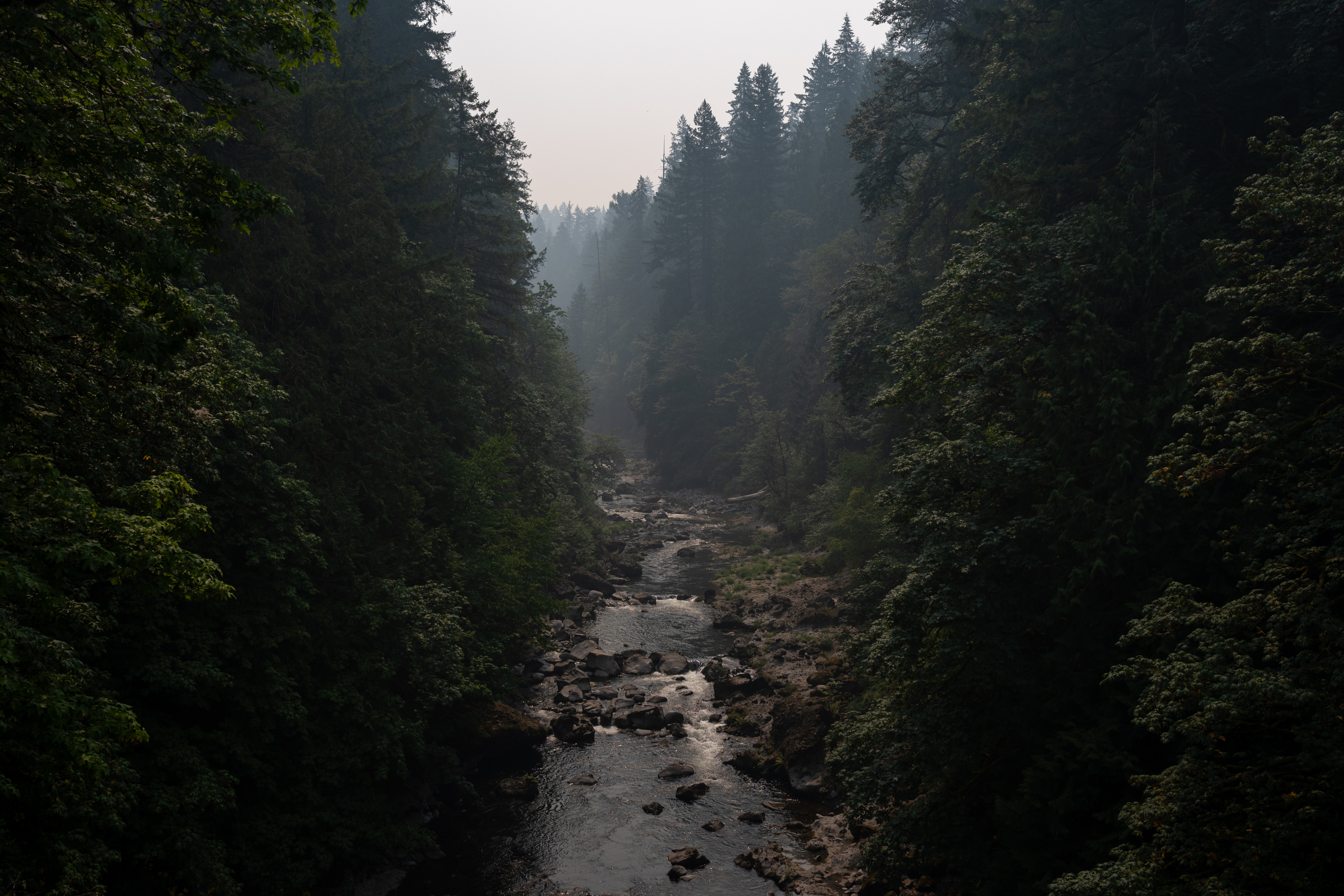 The Bull Run River runs on a smokey day in Sandy, Ore., on Aug. 5, 2026.