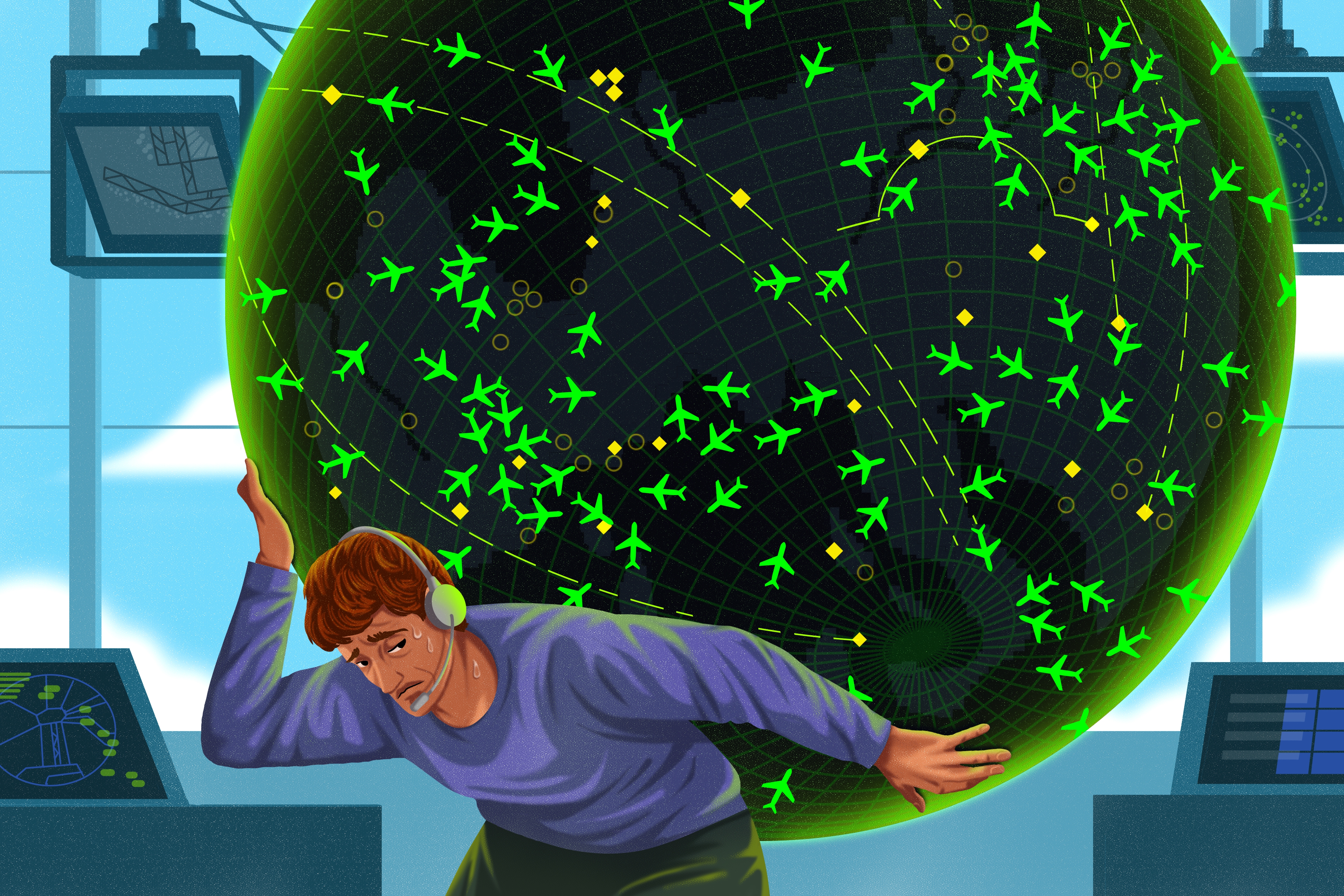 An illustration of a air traffic controller looking sweaty and tired while holding up a large, black globe mapping airplane flights.