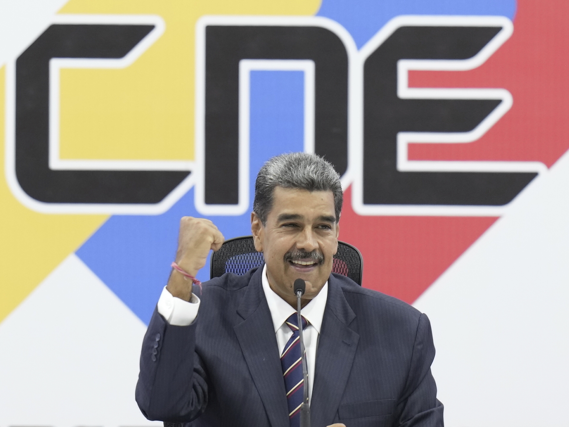 Venezuelan President Nicolas Maduro attends a ceremony at the National Electoral Council (CNE) that certifies him as the winner of the presidential election in Caracas, Venezuela, Monday, July 29, 2024. 
