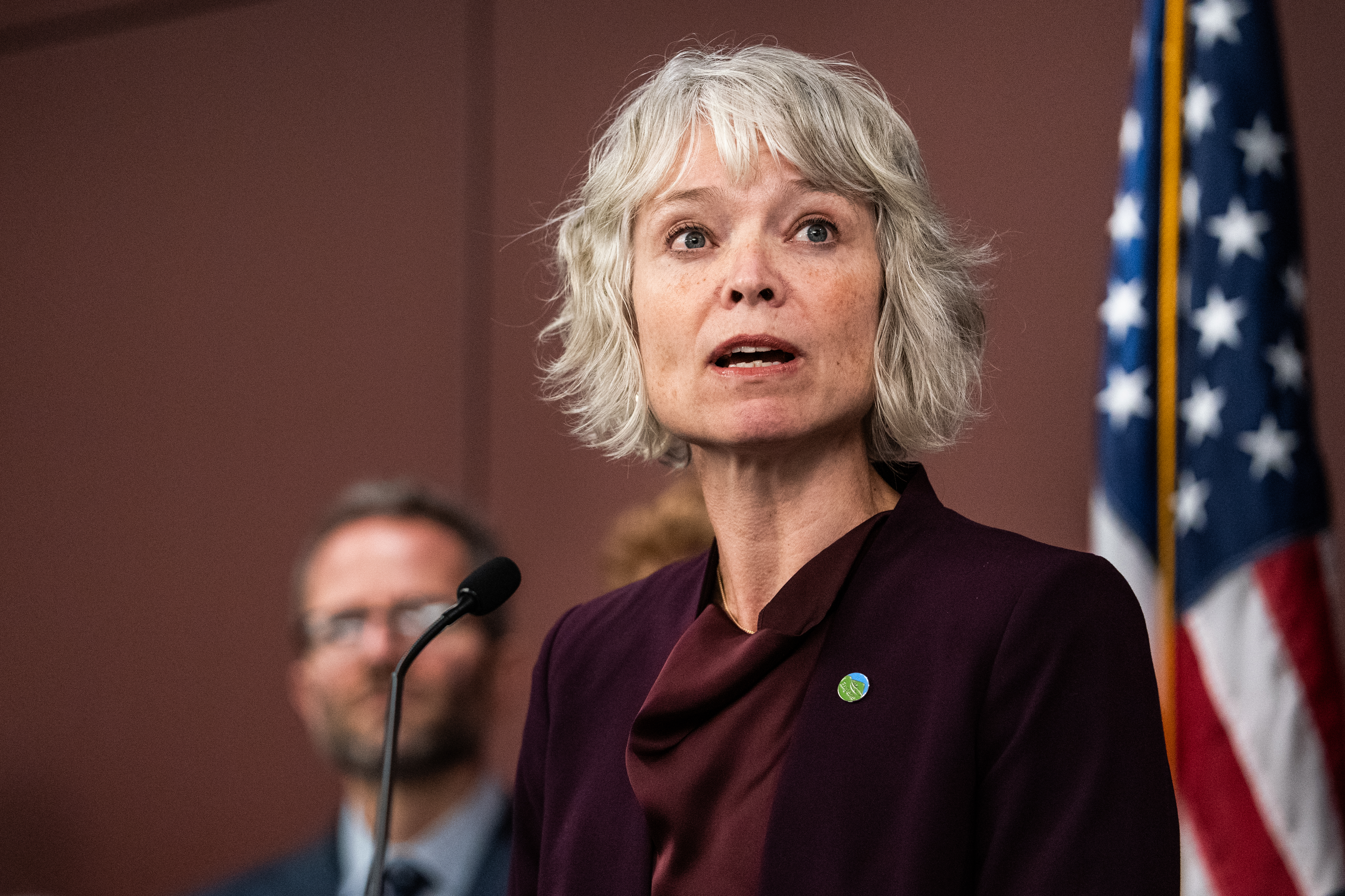 Eugene Mayor Kaarin Knudson attends a press conference with several Oregon Mayors to speak against President Trump's decision to deploy the National Guard on Monday, Sept. 29, 2025 in Portland, Ore.