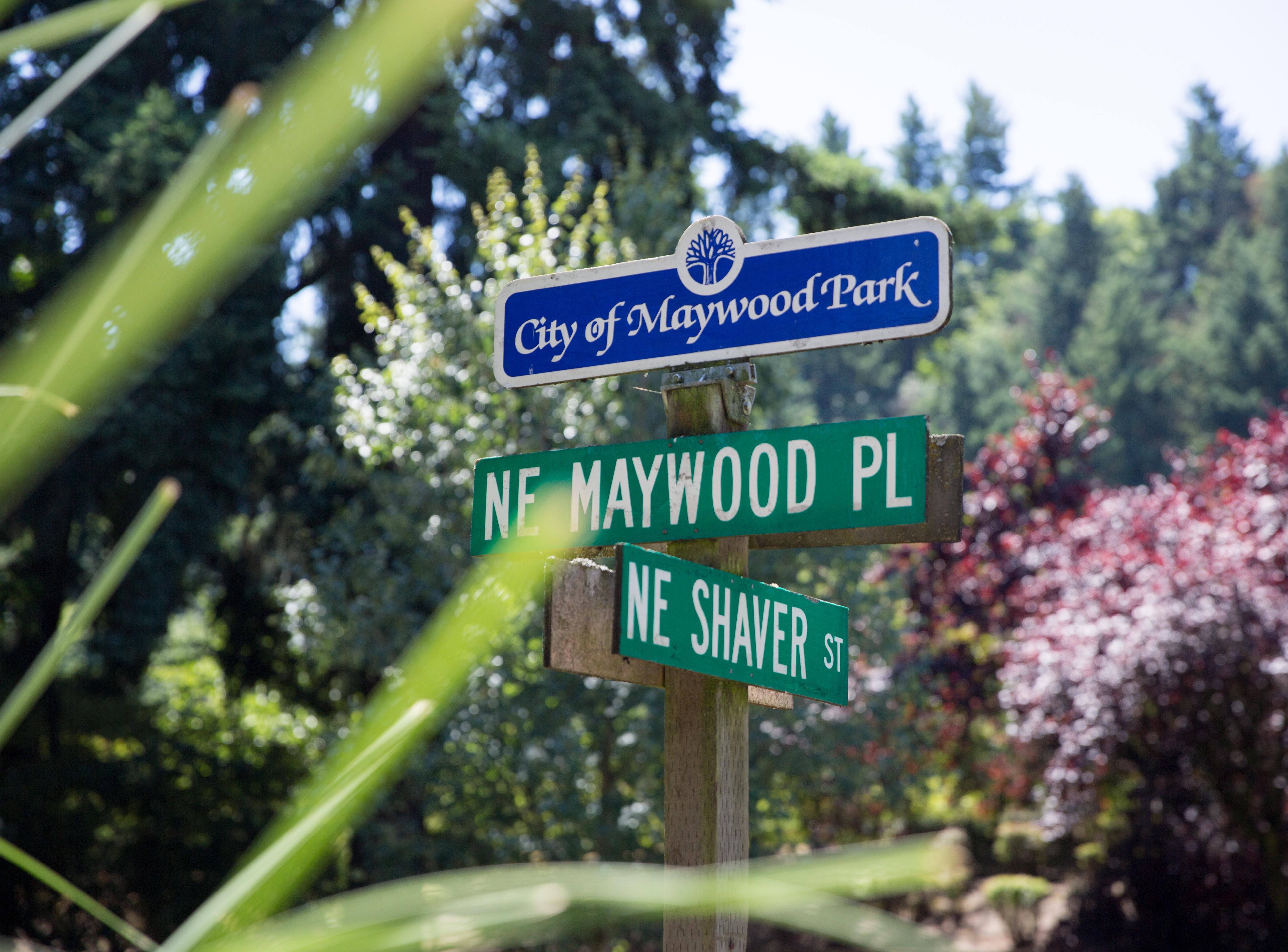 The city of Maywood Park, Ore., is made up of roughly 16 blocks of residential homes and lies entirely inside the city limits of Portland. A sign letting commuters know they're in Maywood Park is visible atop a street sign on Saturday, July 20, 2019.