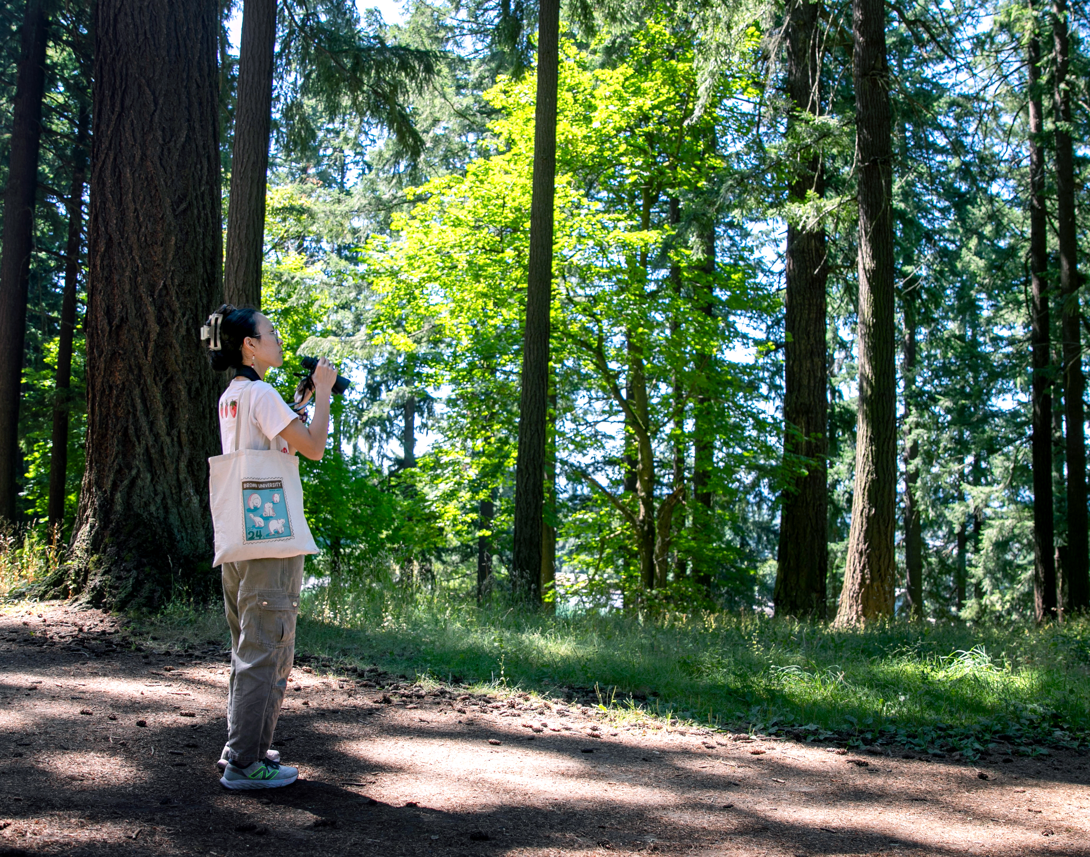 Birder Angela Baek watches for some new birds to add to her list in Mt. Tabor Park in Portland, Ore., July 19, 2025. Baek, visiting from LA, likes to tell people that birding is somewhat like “real life Pokemon,” in that they can collect a list of birds they have and have not yet found.