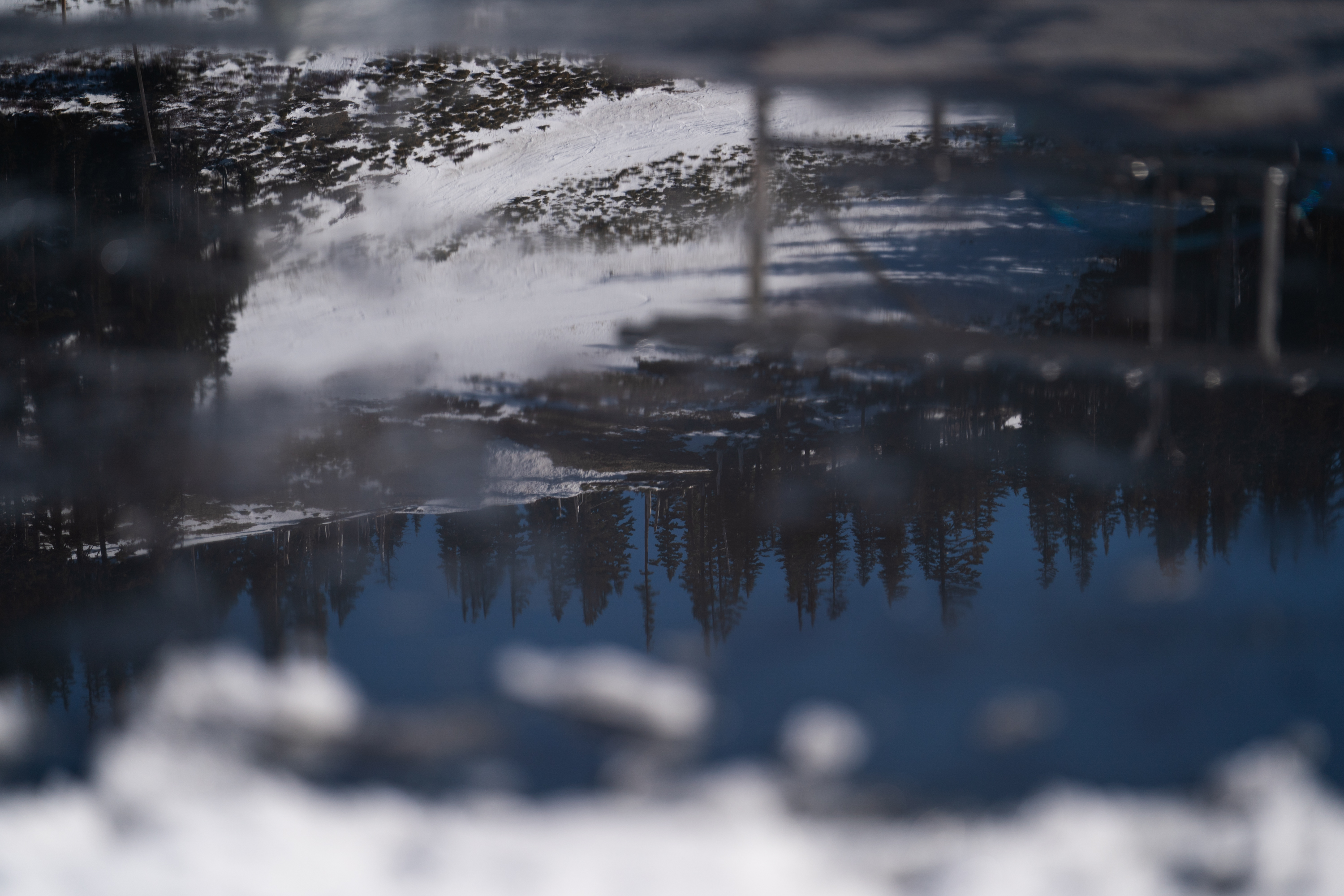 Trees are reflected in a pool of melting ice, as dirt and grass peek through the snow, at Mt. Hood Meadows on April 4, 2026. 